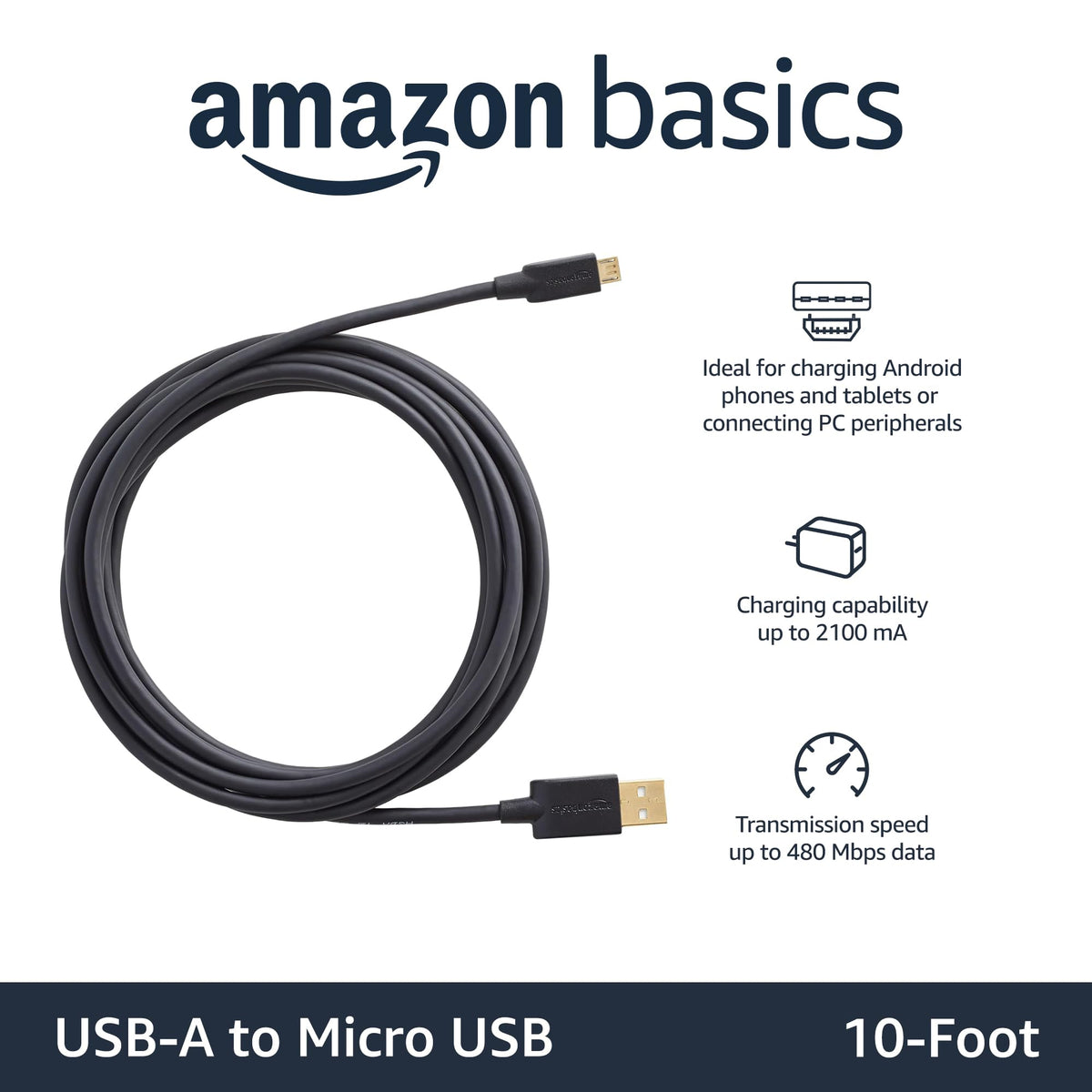 Amazon Basics 5-Pack USB-A to Micro USB Charging Cable, 480Mbps Transfer Speed with Gold-Plated Plugs, USB 2.0, 3 m, Black