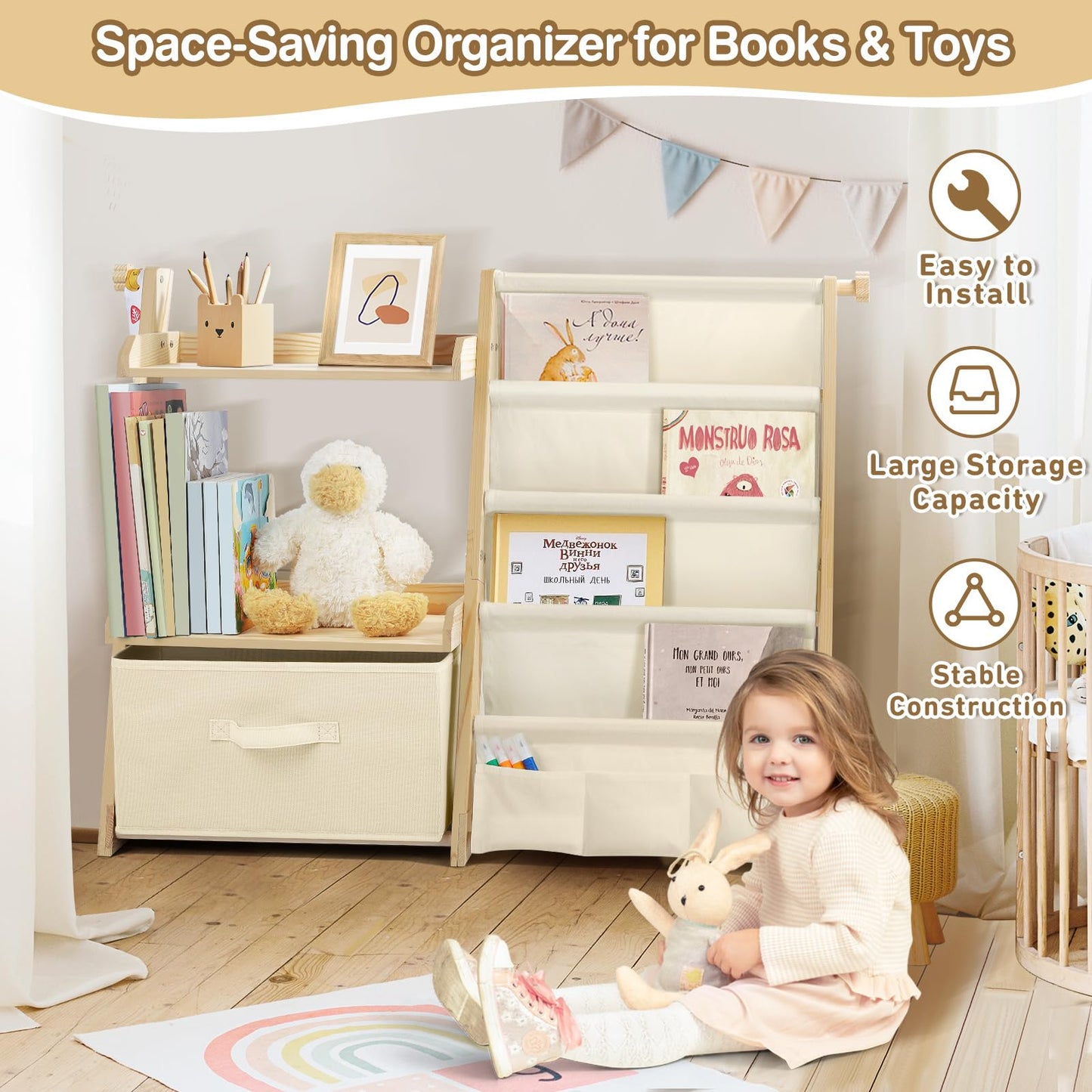 Kids Bookshelf and Toy Storage, Montessori Wooden Children Bookcase and Toy Organizer, 4-tier Toddler Sling Book Shelf with a Large Storage Box for Nursery, Bedroom, Playroom (Terrazzo)