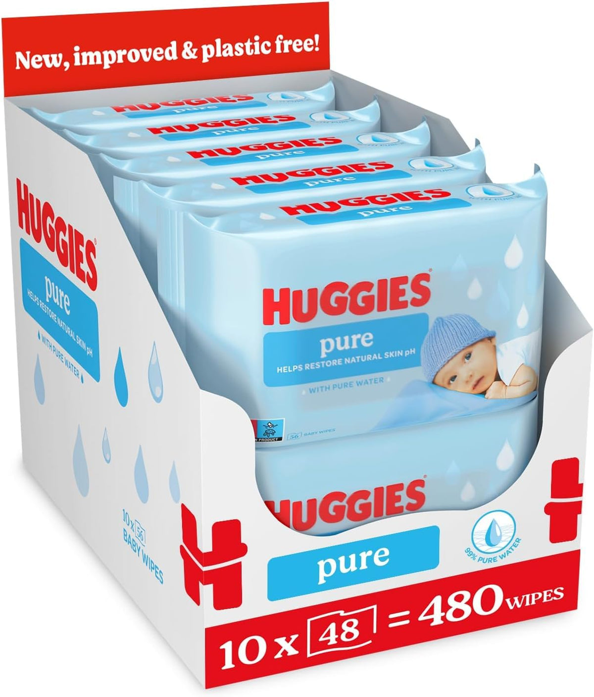 Huggies Pure Plastic Free Baby Wipes - Pack of 12 (576 Wipes) – 99% Water Wet Wipes, Fragrance Free, Hypoallergenic, Better Cleaning, Soft and Gentle on Babies' Delicate Skin