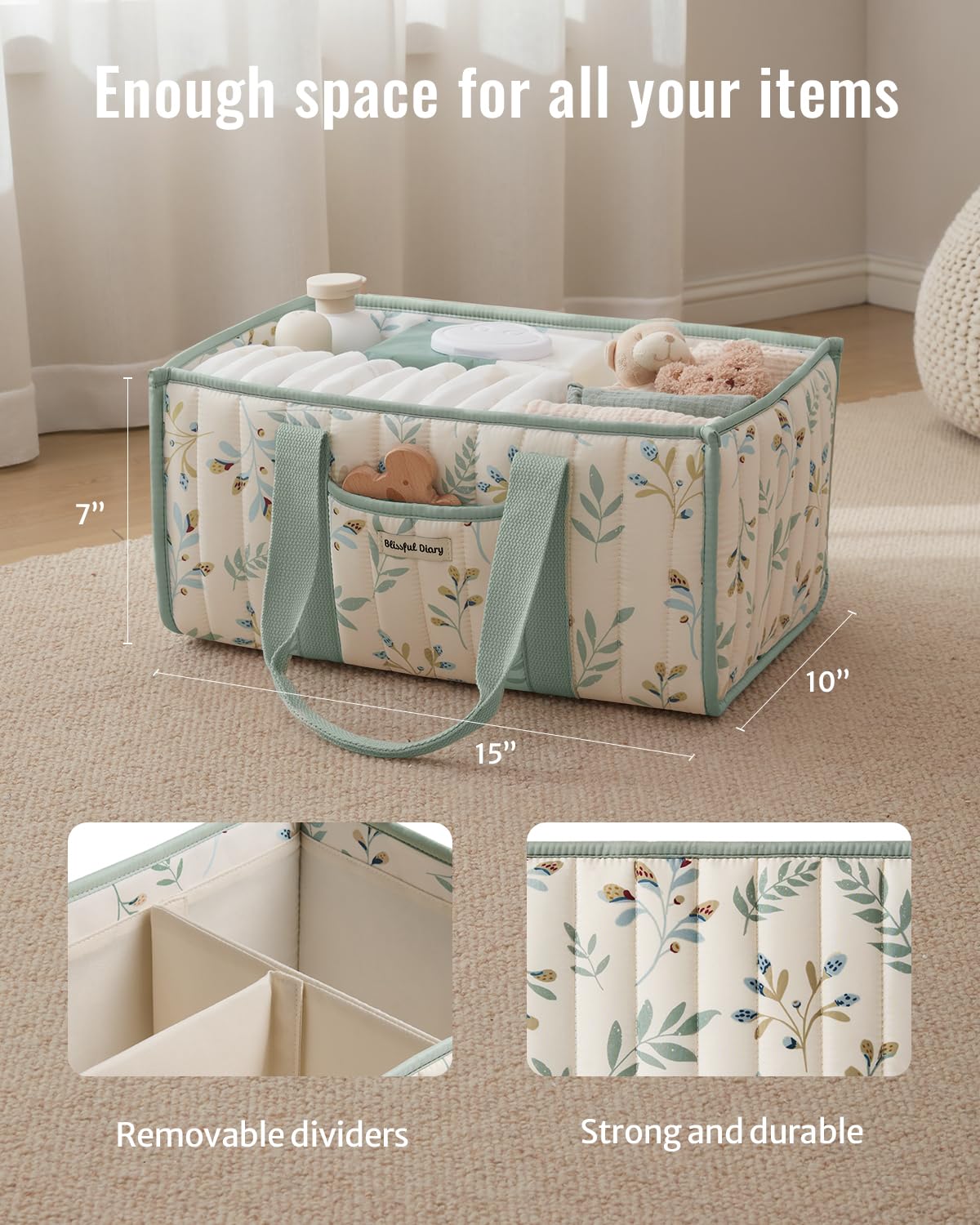 Blissful Diary Nappy Caddy Organiser, Baby Diaper Caddy for Nappy Station, Stylish Storage Basket for Newborn Essentials, Baby Shower Gifts for Girl or Boy, Woodland Cream