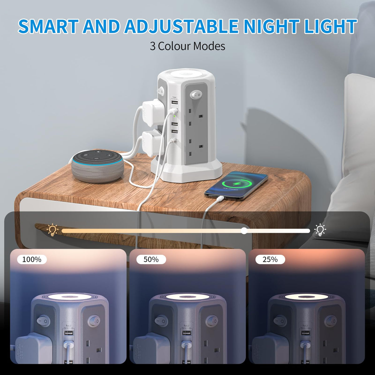 HAFINO Tower Extension Lead 3M with USB Slots and Night Light, 4 Switches