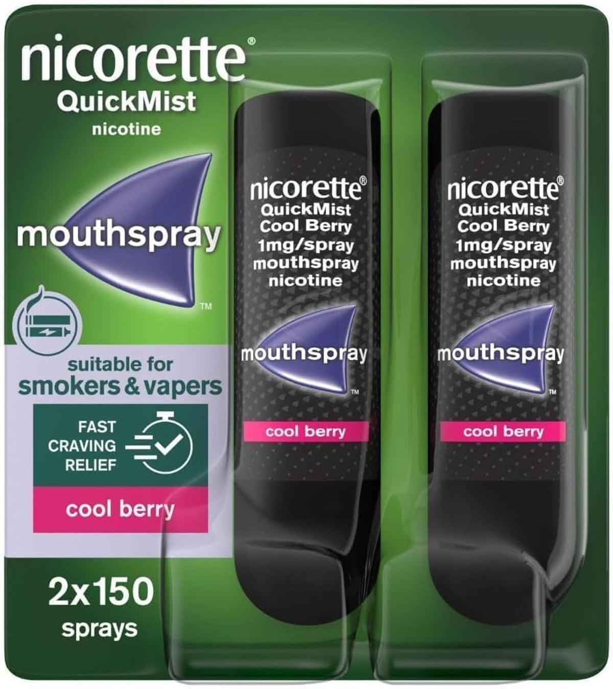 Nicorette QuickMist Mouthspray, Cool Berry (2 x 150 Sprays) Smoking or Vaping Cessation Aid, designed to start reducing cravings in 30 seconds (Quit Smoking or Quit Vaping Aid)