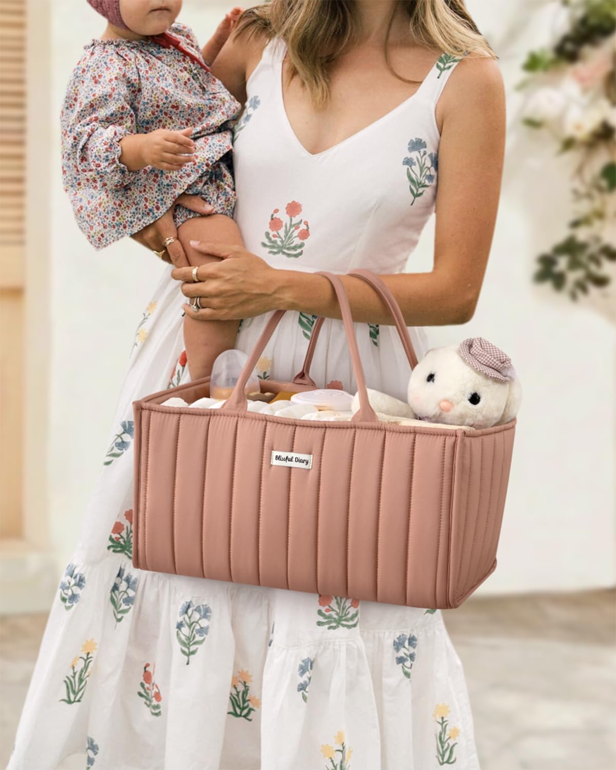Blissful Diary Nappy Caddy Organiser, Baby Diaper Caddy for Nappy Station, Stylish Storage Basket for Newborn Essentials, Baby Shower Gifts for Girl or Boy, Woodland Cream