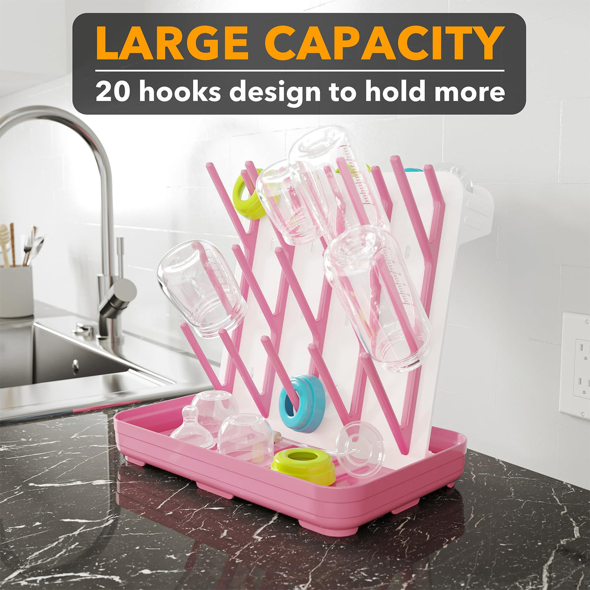 SpaceAid Baby Bottle Drying Rack with 20 Hooks, White and Gray