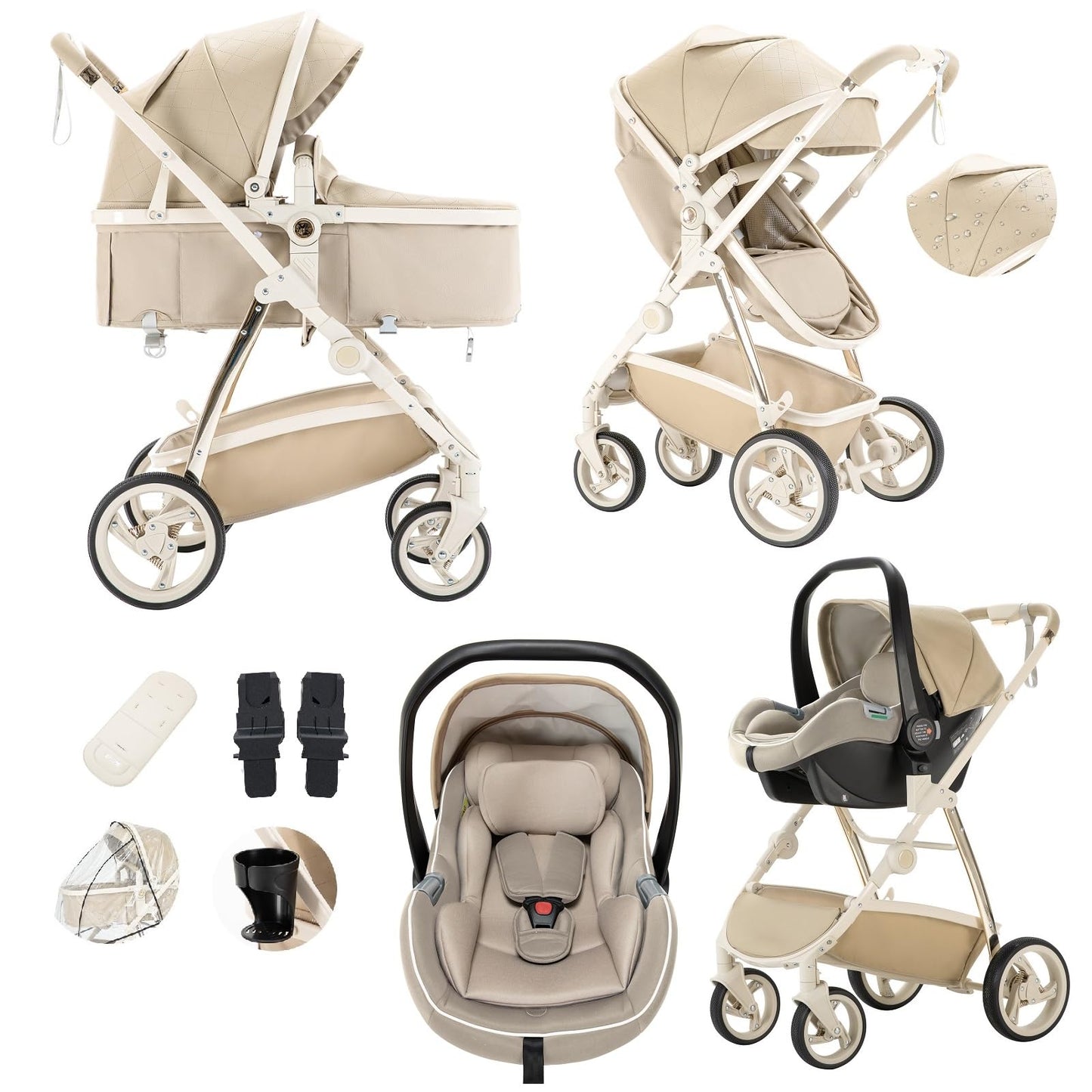 Baby Stroller 3 in 1,Travel Pushchair's Lie-Flat Pram is Foldable, Stroller System Handle is Adjustable, The Wheels are Made of PU Material, Suitable for 0-3 Years-Khaki