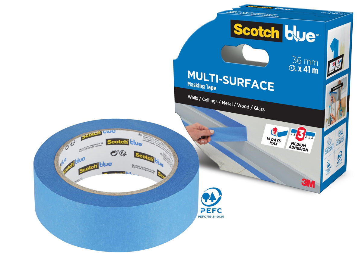 ScotchBlue Multi-Surface Premium Masking Tape, 24mm x 41m, 1 Roll/Pack - Scotch Adhesive Blue Painters Tape, For Painting and Decorating, Indoor & Outdoor, Sticks Well, 100% PEFC