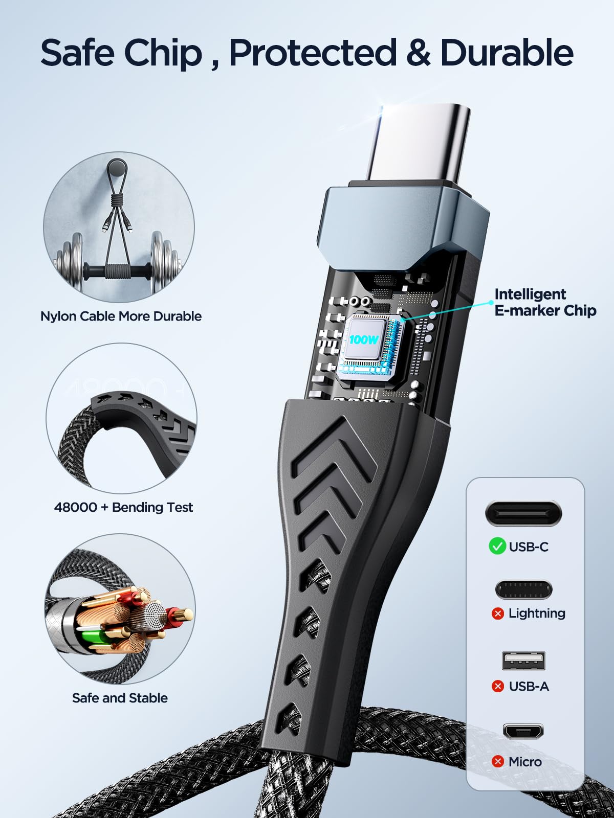 USB-C to C 1M 100W PD3.0 Fast Charging Cable - Compatible with MacBook Pro, iPad Air, iPhone 15, Samsung S23/S22/S21 Ultra, Pixel 7/6, Switch, PS5