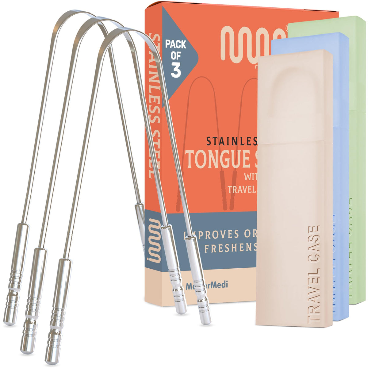 MasterMedi Tongue Scraper with Travel Case 1 Pack, Bad Breath Treatment Tongue Scraper for Adults & Kids, Stainless Steel Metal Tongue Scraper, Easy to Use Tongue Cleaner for Hygiene and Self Care