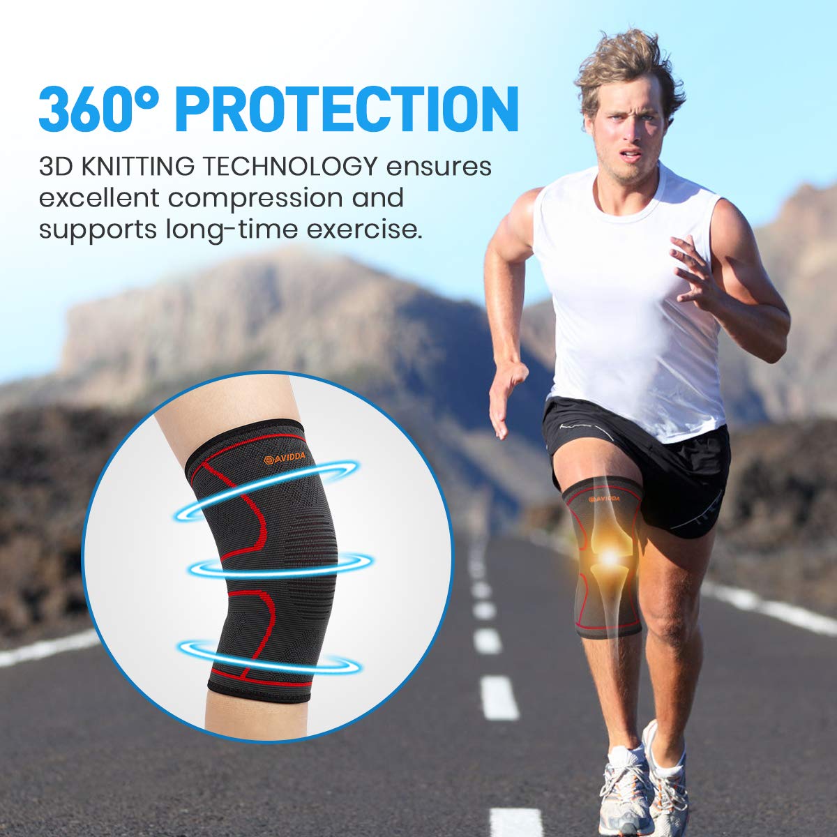 AVIDDA Knee Support Brace 2 Pack - Compression Knee Sleeves for Arthritis, Joint Pain, Ligament Injury, Meniscus Tear, ACL, MCL, Tendonitis, Running, Squats, Sports