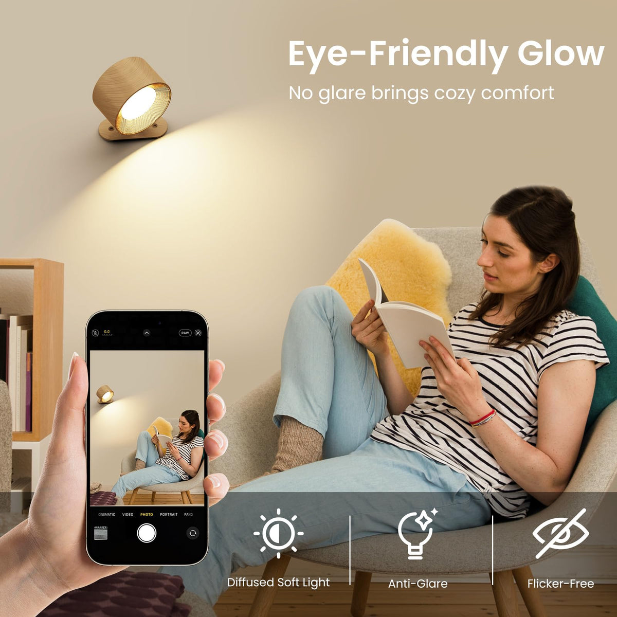 Coollamp LED Battery Operated Wall Lights, 3Pack Wall Lamp with Remote Control 3 Color Modes 3 Brightness Levels 360°Rotate Magnetic, Reading Lights for Living Room Bedroom Black