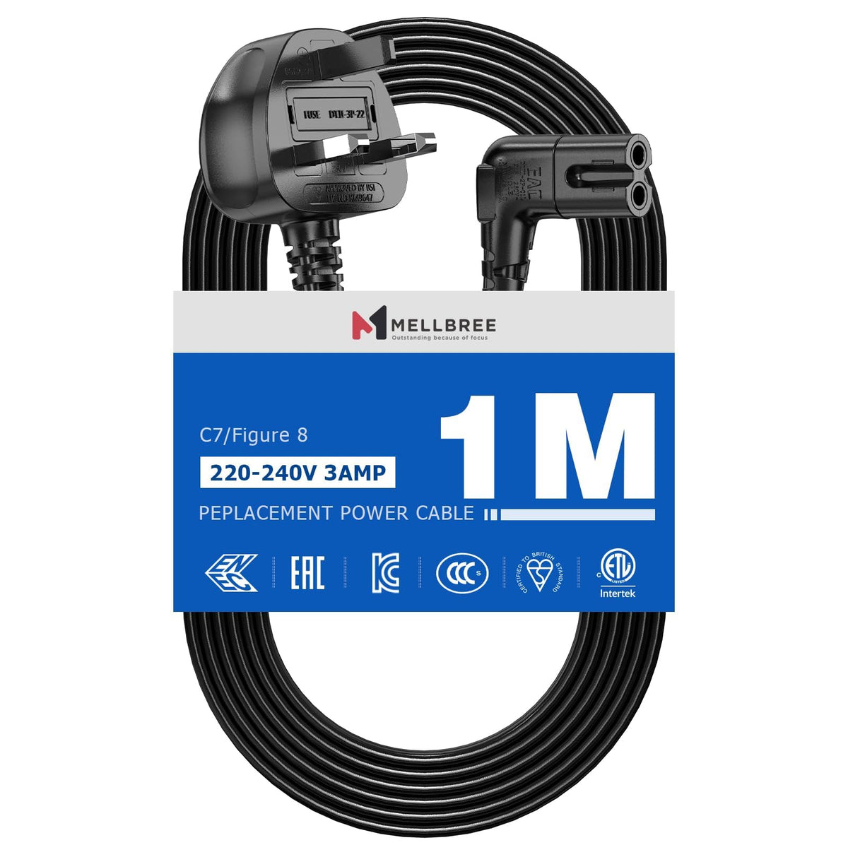 2M Power Cable Compatible with Samsumg TV, Mellbree Quality Safe Right Angle Suitable for Awkward Space Figure 8 Power Cable Compatible with Samsung, LG, Panasonic TV Black