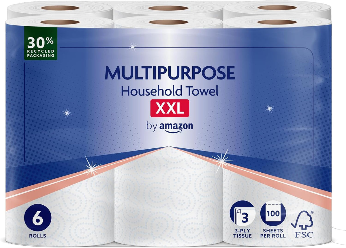 by Amazon Multipurpose Kitchen Roll, 3-Ply, XXL Household Towel, 6 Rolls (Pack of 1), 100 Sheets per Roll