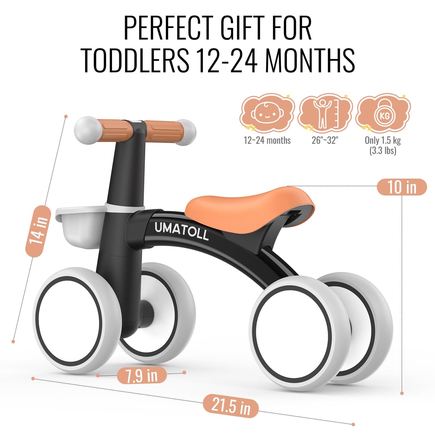 Umatoll Baby Balance Bike for 1 Year Old Boys Girls, 12-24 Months Toddler Balance Bike with Removable Basket, Adjustable Seat, 4 Wheels Infant Bike, First Birthday Gift