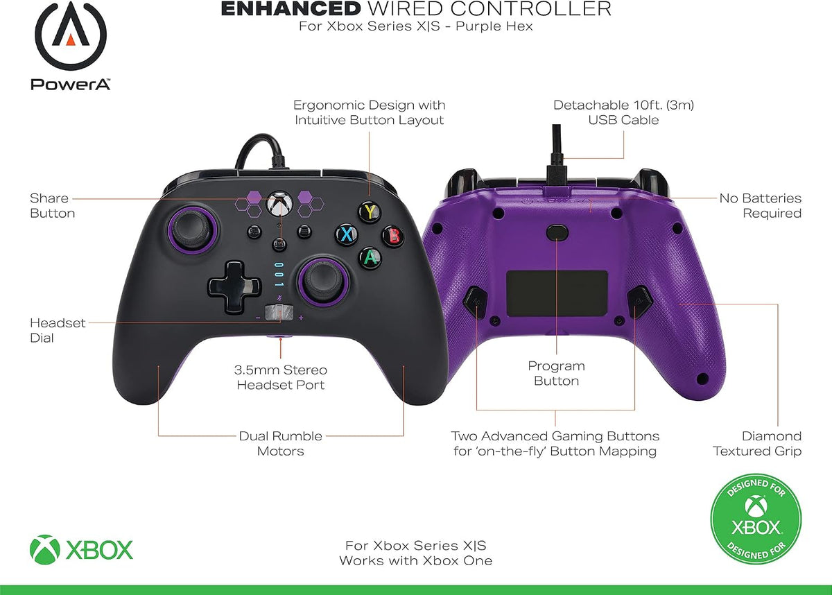 PowerA Enhanced Wired Controller for Xbox Series X|S, Wired Video Game Controller, Gamepad for Xbox X and S, Officially Licenced by Xbox, 2 Years Manufacturer Warranty - Purple Hex