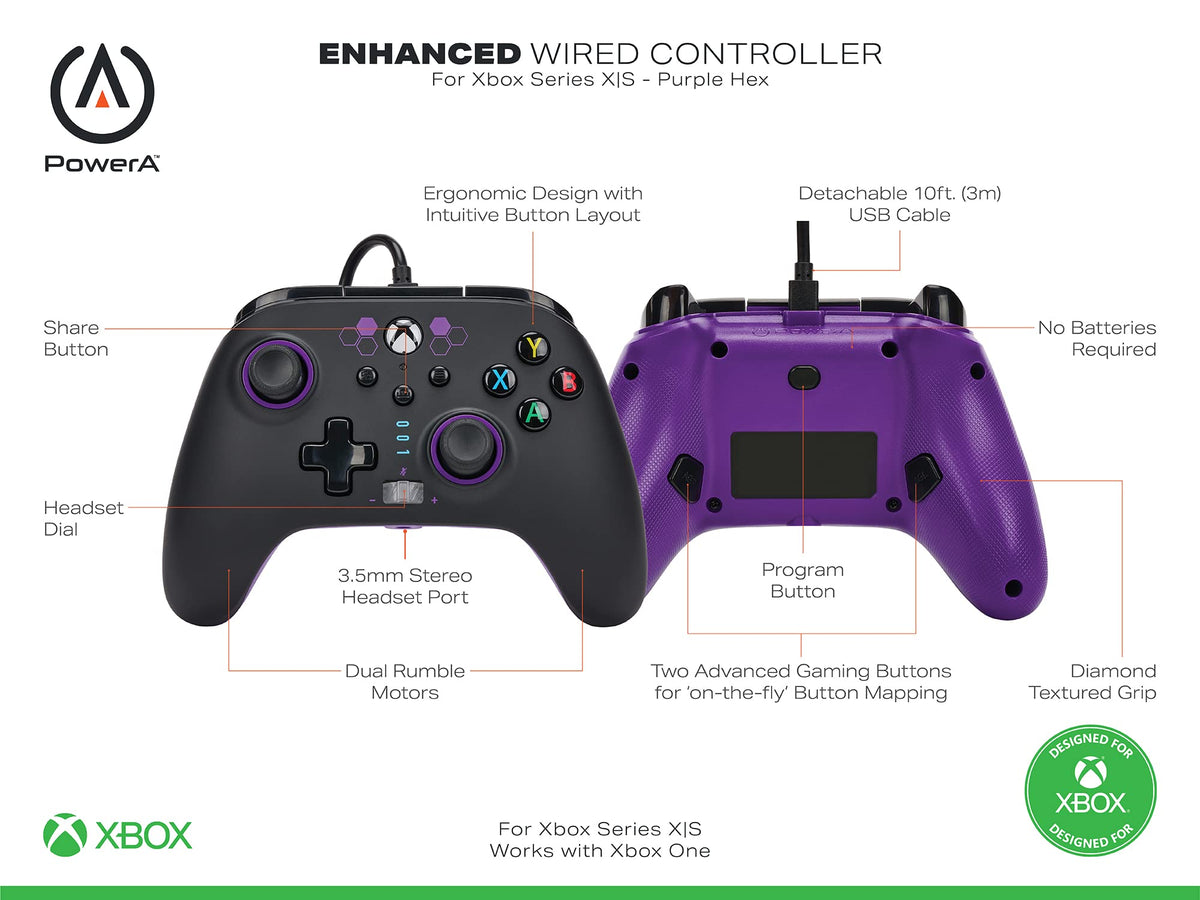 PowerA Enhanced Wired Controller for Xbox Series X|S, Wired Video Game Controller, Gamepad for Xbox X and S, Officially Licenced by Xbox, 2 Years Manufacturer Warranty - Purple Hex