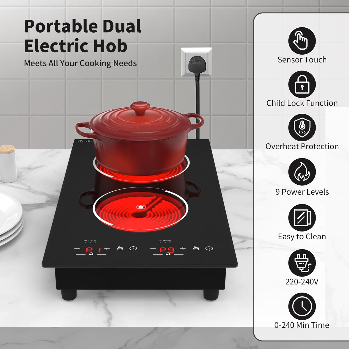 VBGK Double Induction Hob,220V 3600W 2 Ring Induction Hob with Knob Control,9 Power Levels, Kids Lock & Timer,LED Touch Control,Overheat Protection