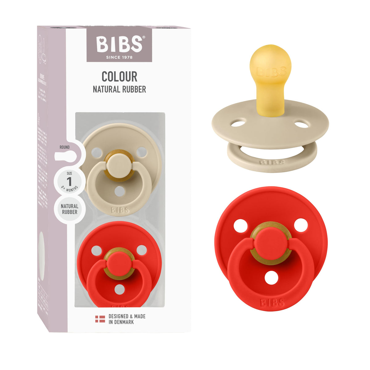BIBS Colour Soother 2-Pack, BPA Free Dummy Pacifier, Round Nipple. Natural Rubber Latex, Made in Denmark, Size 2 (6-18 Months), Baby Blue