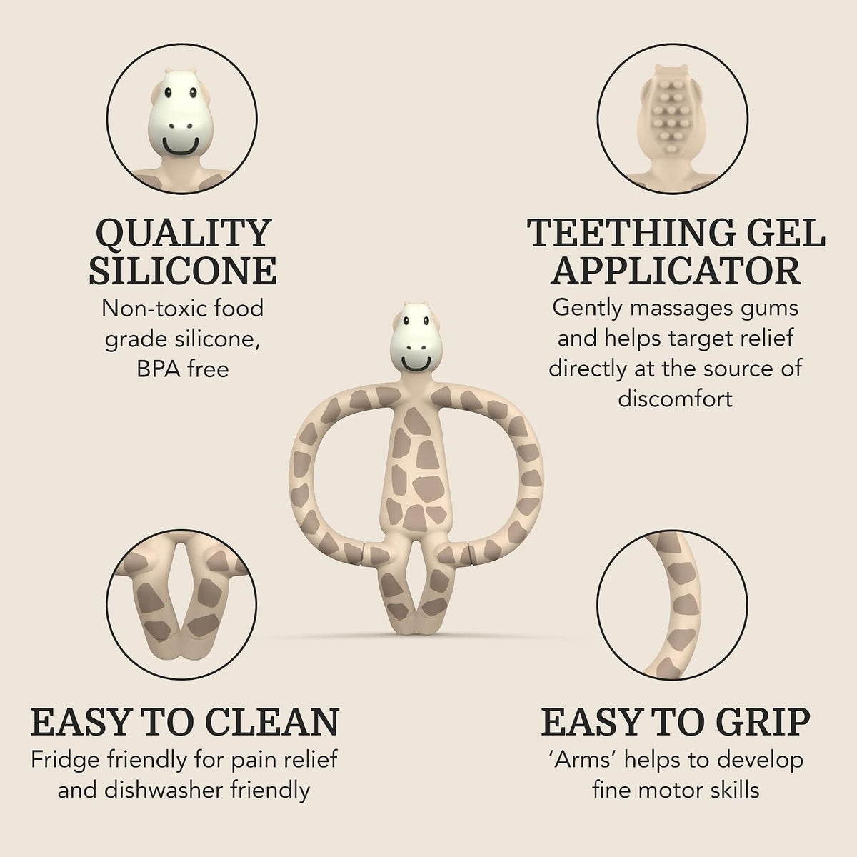 Matchstick Monkey, Antimicrobial Silicone Teether & Gel Applicator, Easy To Grip, BPA Free, 3 Months Old+, 11 cm, Gigi Giraffe, Pack of 1