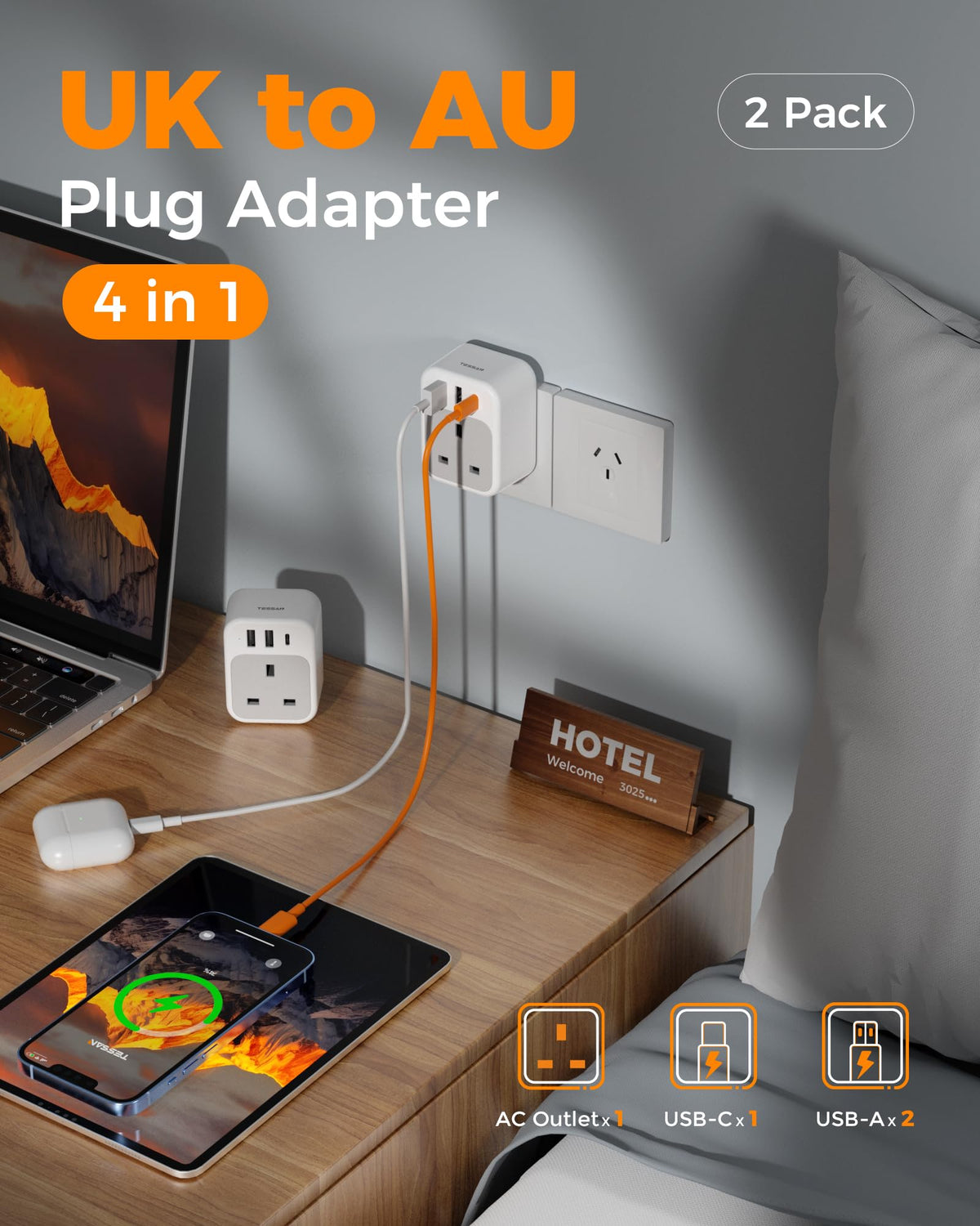 TESSAN UK to South Africa Plug Adapter, Type M Travel Adaptor with USB C