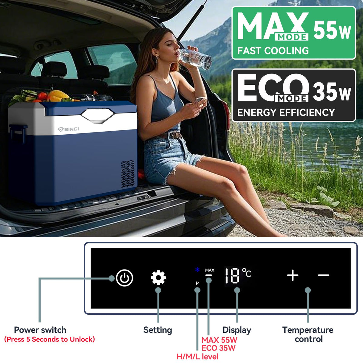 BINGI 12.8L Car Fridge Freezer Portable Compressor Cooler, 12V/24V DC & 100-240V AC Mini Refrigerator for Camping, RV, Truck, Boat, Travel, Picnic, Home Use (-18℃ to 15℃)