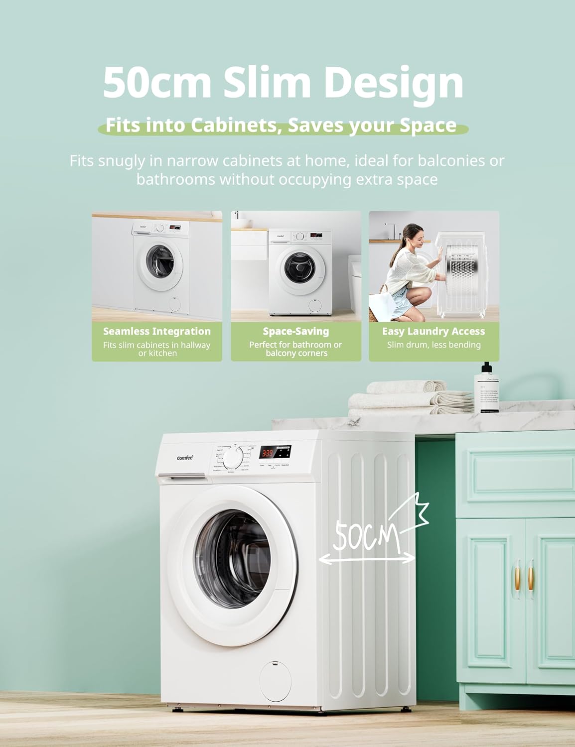 COMFEE' 9kg Washing Machine Energy Class A 1400rpm BLDC Motor Slim White