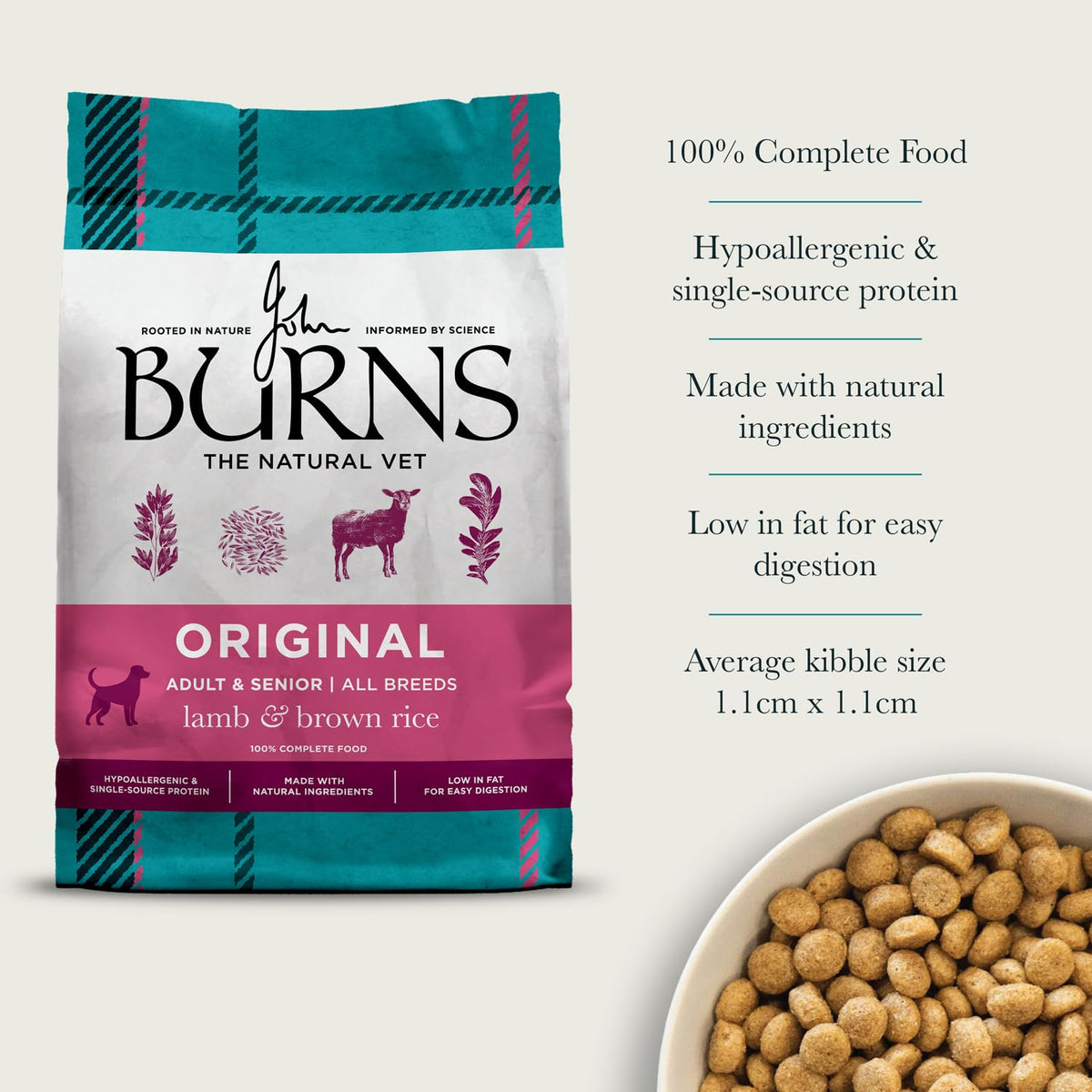 Burns Pet Nutrition Hypoallergenic Complete Dry Dog Food Adult and Senior Dog Original Chicken and Brown Rice 12 kg