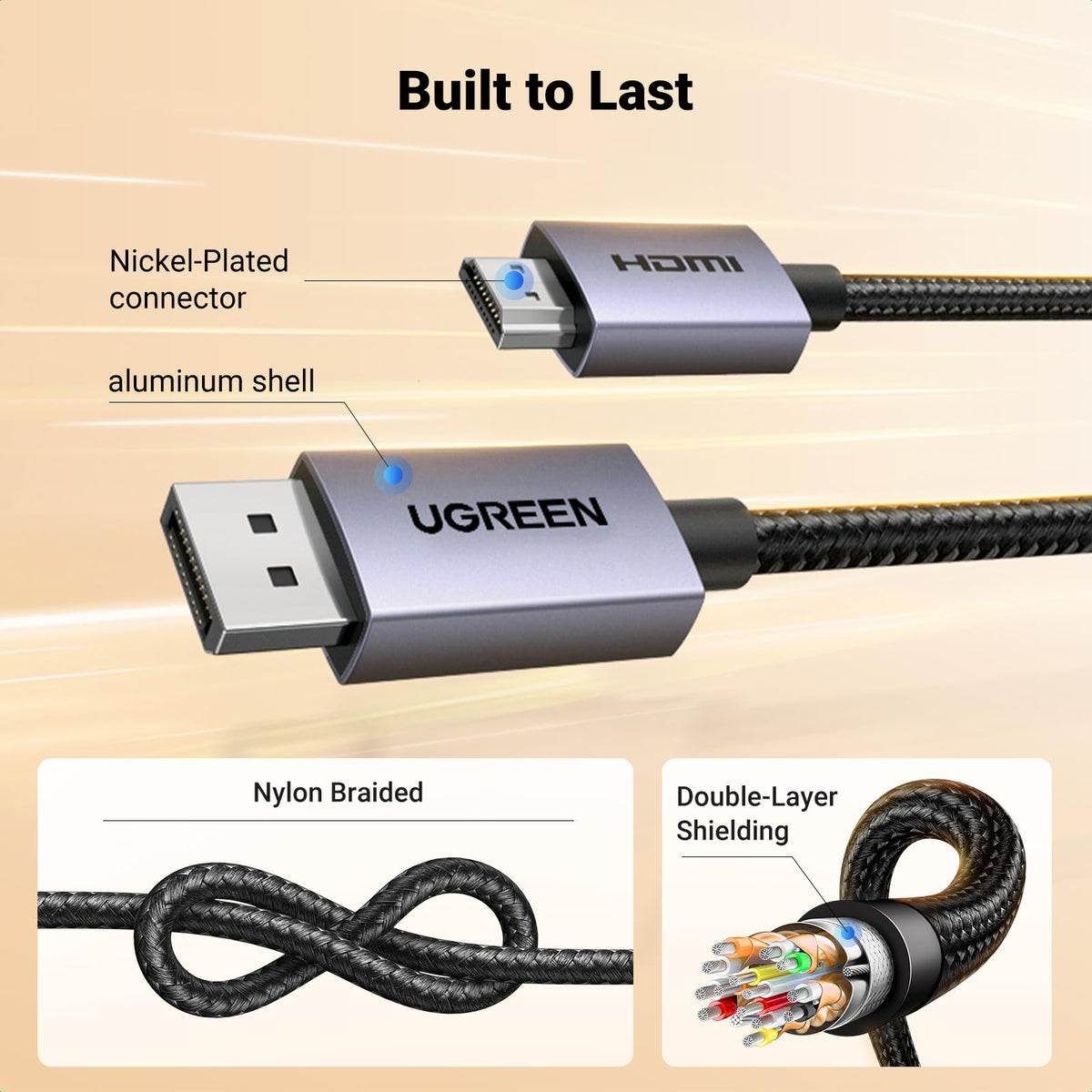 UGREEN 4K Displayport to HDMI Cable 2M Unidirectional Braided DP to HDMI