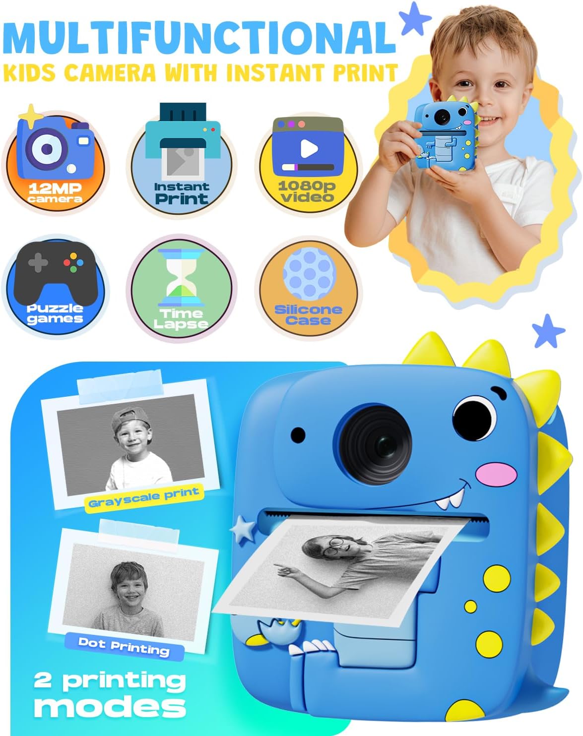 Kids Camera Instant Print, 1080P Kids Digital Camera,Boys Gifts Toys Age 3+