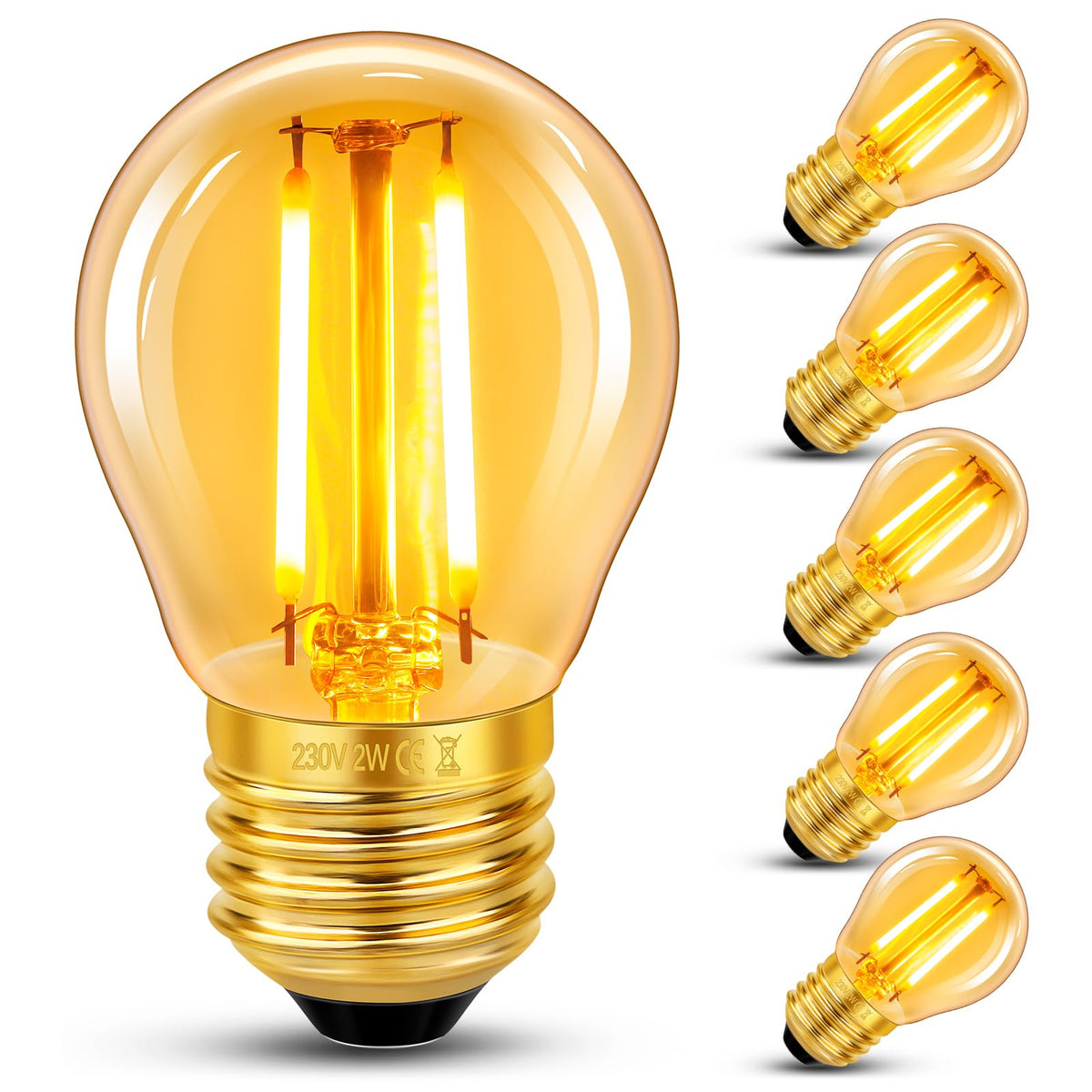 Caldarax Vintage Light Bulb E27 Edison Screw Bulb, 2W LED Filament Equivalent 20 Watt, Antique Style Retro Amber Glass 2200K Warm White, 200LM, AC 220V, Non-dimmable, Golf Ball G45 Bulb, 2 Packs
