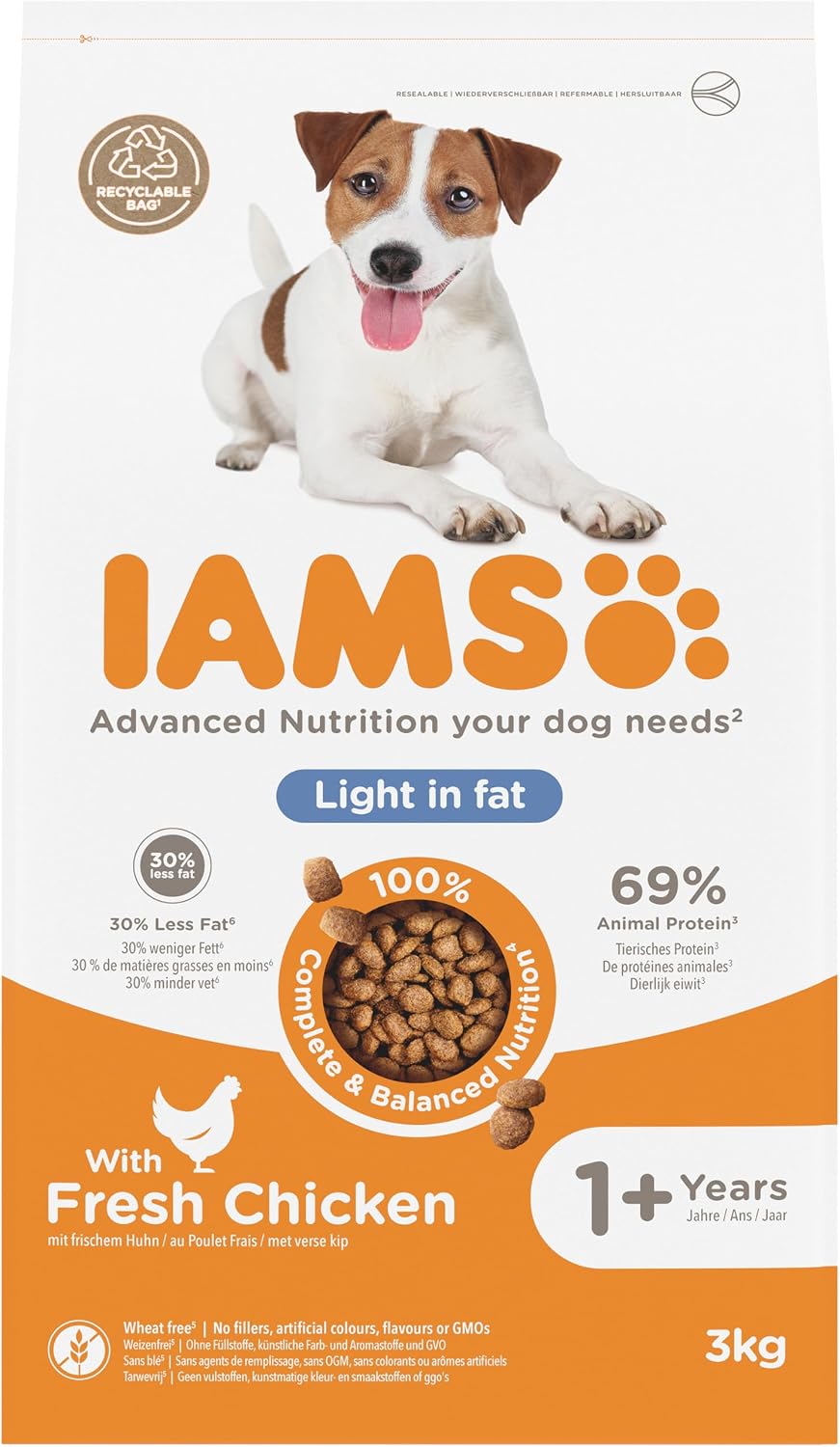 IAMS Light in Fat Complete Dry Dog Food Chicken 3kg - 30% Lower Fat Formula