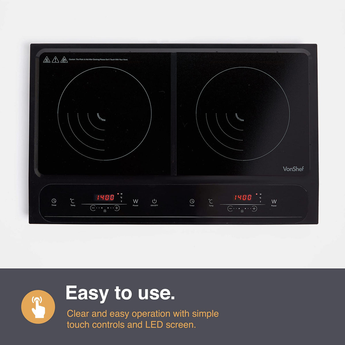 VonShef Single Induction Hob – 2000W Portable Induction Cooker w/LED Touch Display, 3 Hour Timer, 10 Heat Settings 60-240°C, Safety Lock - Black