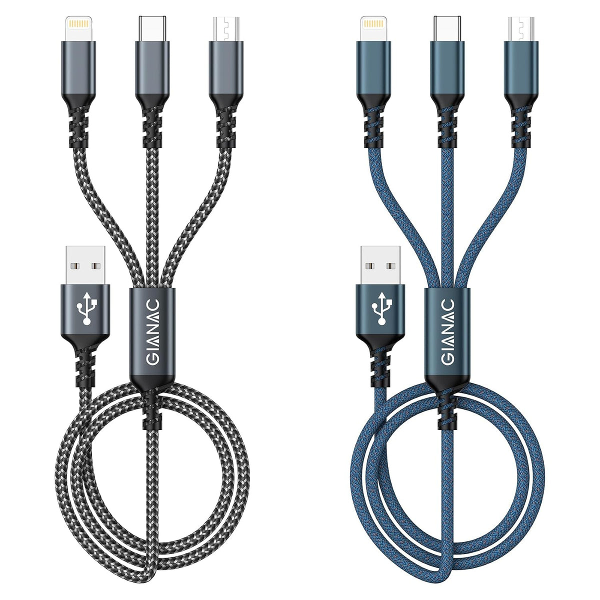 GIANAC Multi Charger Cable [2Pack 1.2M] 3 in 1 Charging Cable Nylon Braided