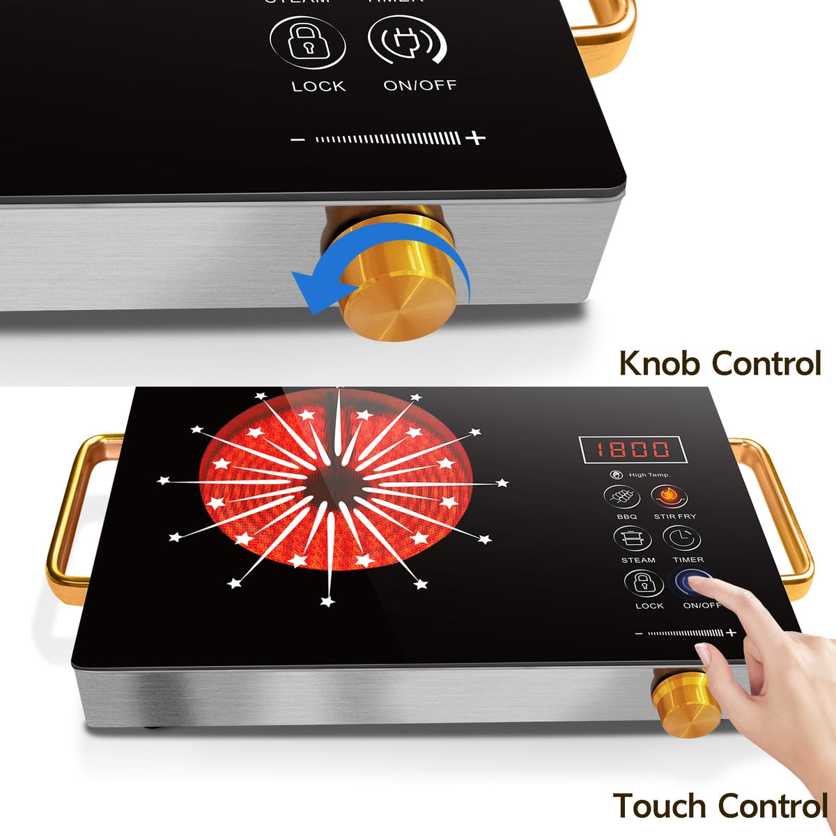 Double Ceramic Hob with Handle, Plug in 2 Ring Electric Hob