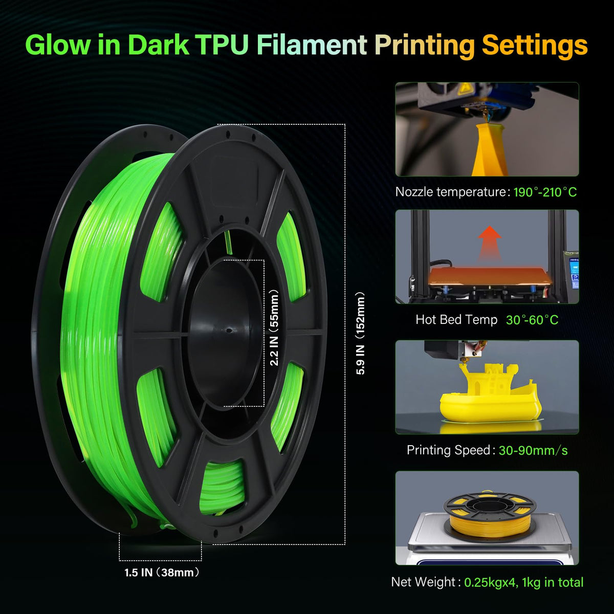 YOUSU 3D Printer Filament Bundle,Glow in The Dark Filament Multicolor,PLA Filament 1.75 mm,Green, Blue,Purple and Rainbow Accuracy +/- 0.03 mm,250g X 4 Pack