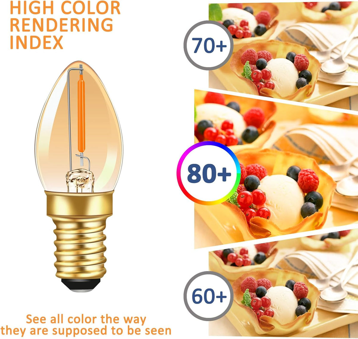 Caldarax 0.5W E14 LED Vintage Night Light Bulb, Mini C7 LED Filament Candle Bulbs Amber Warm White 2200K E14 Orange SES Small Edison Screw Salt Lamp Bulbs, 5W Equivalent, Non Dimmable, 2 Pack