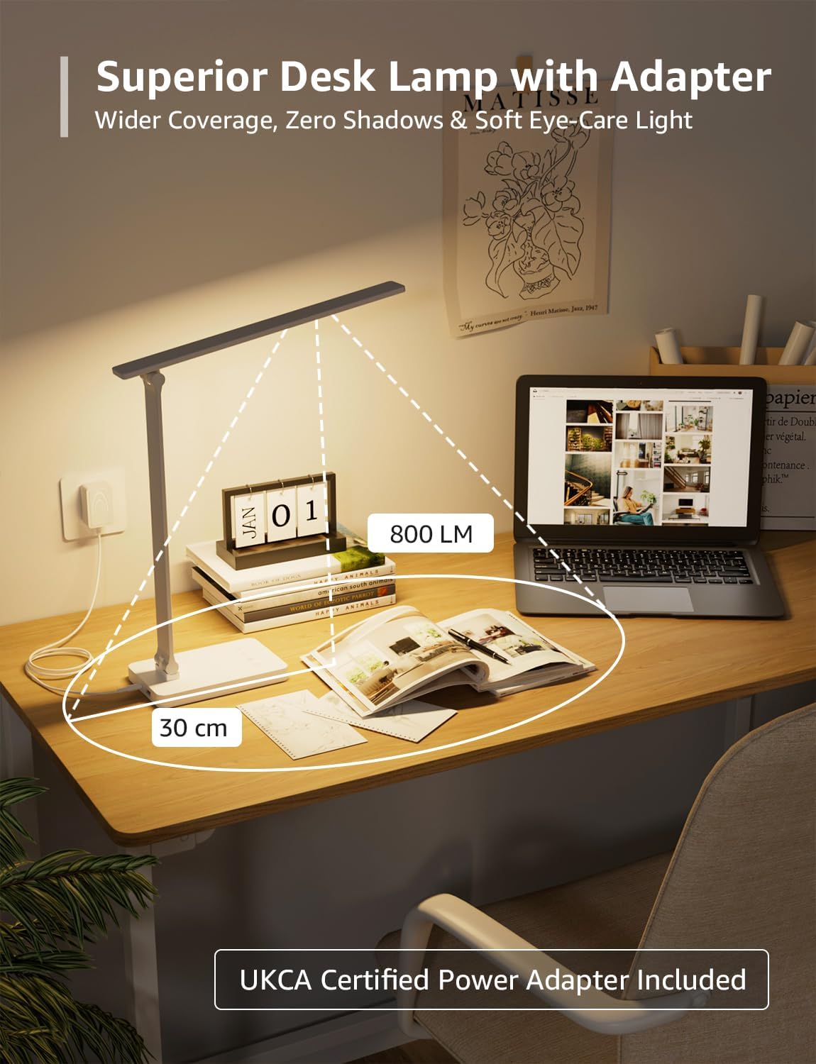 Lepro Desk Lamp, 800lm LED Desk Lamp with Power Adapter, Dimmable, Eye-Care