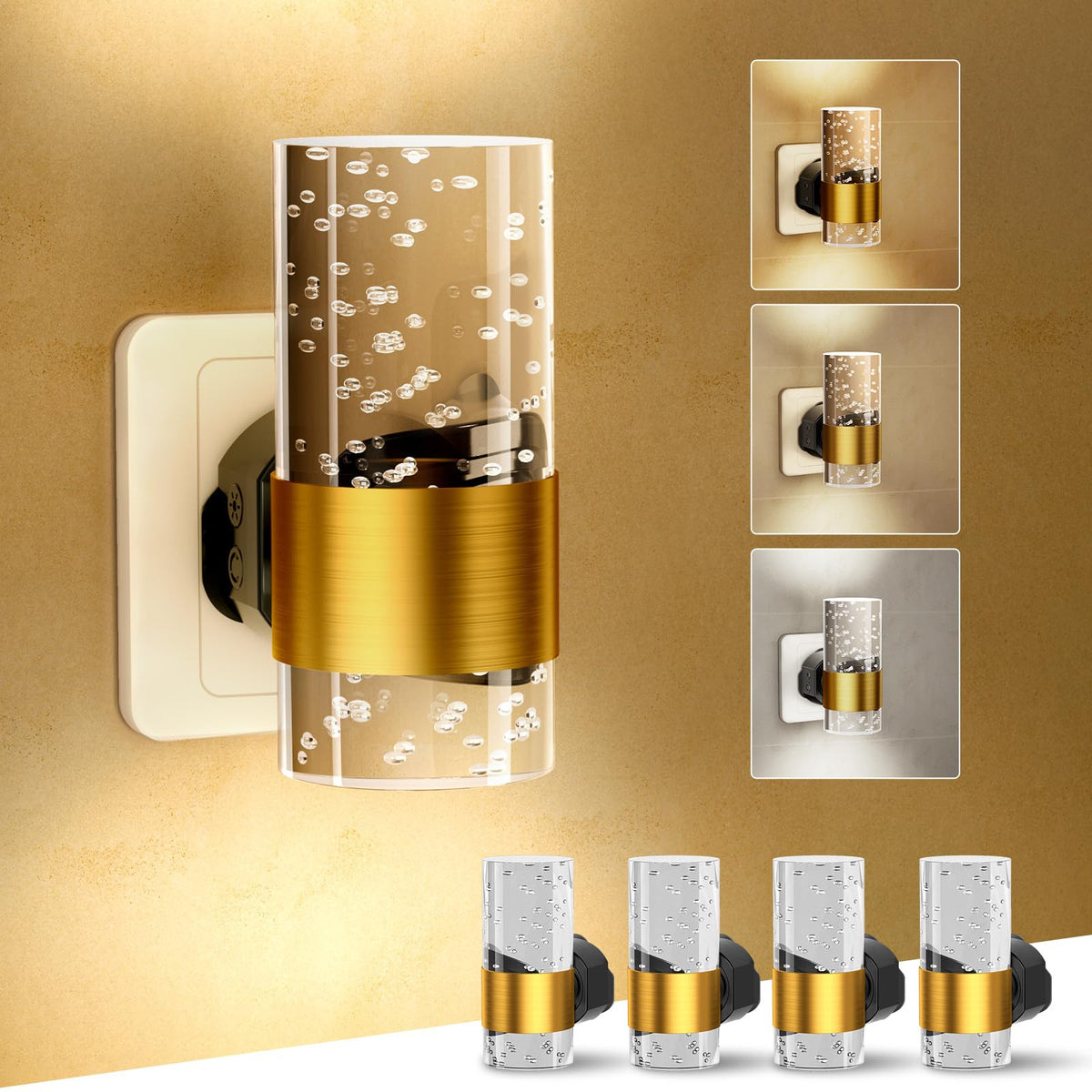 Night Light Plug in Wall with Dusk to Dawn Sensor Modern 2 Pack Gold