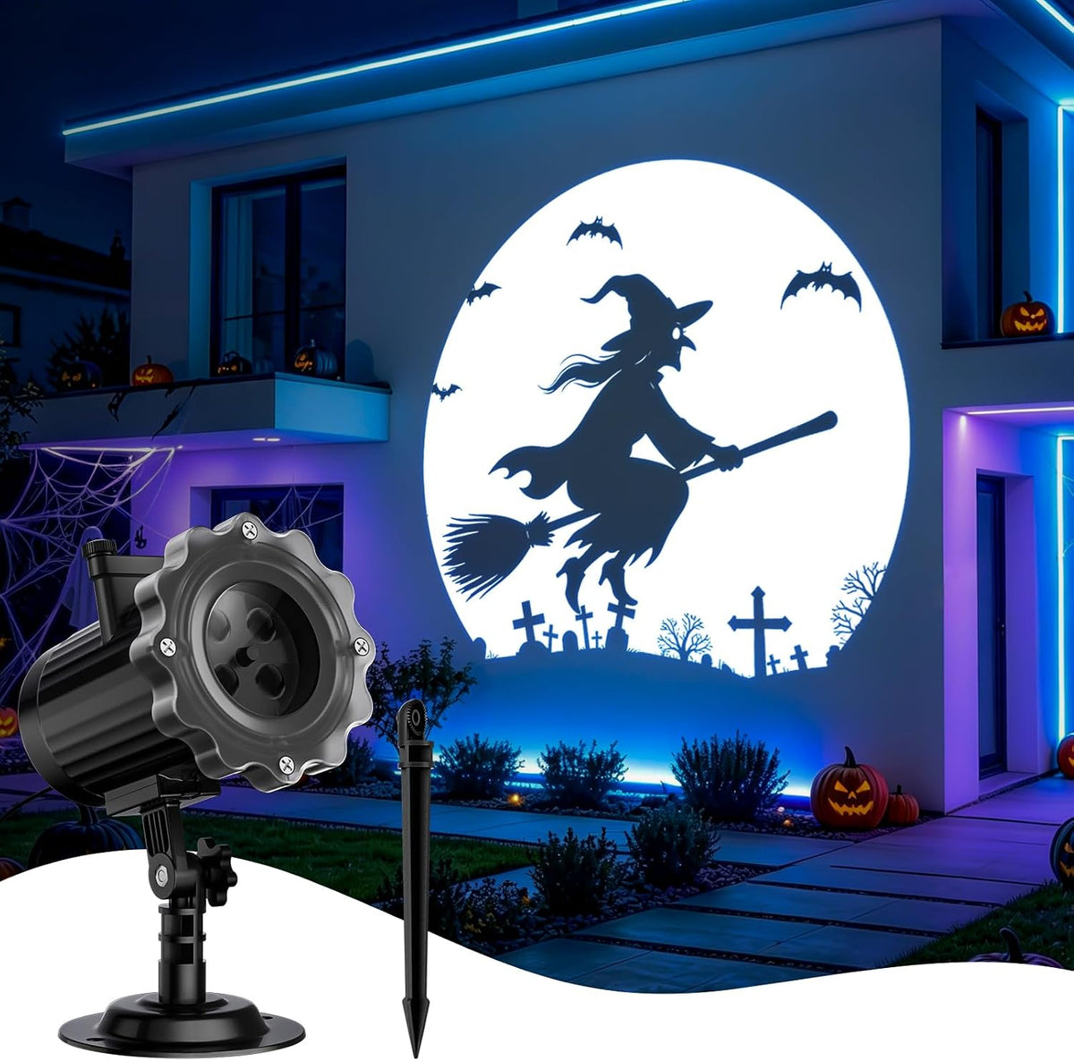 Halloween Projector Outdoor, Dynamic Halloween Decorations Lights with Motion Effects, Flying Witch Broomstick/Spooky Cat/Dance Skeleton, Movement Night Light for Window Yard Wall Garage Holiday Decor