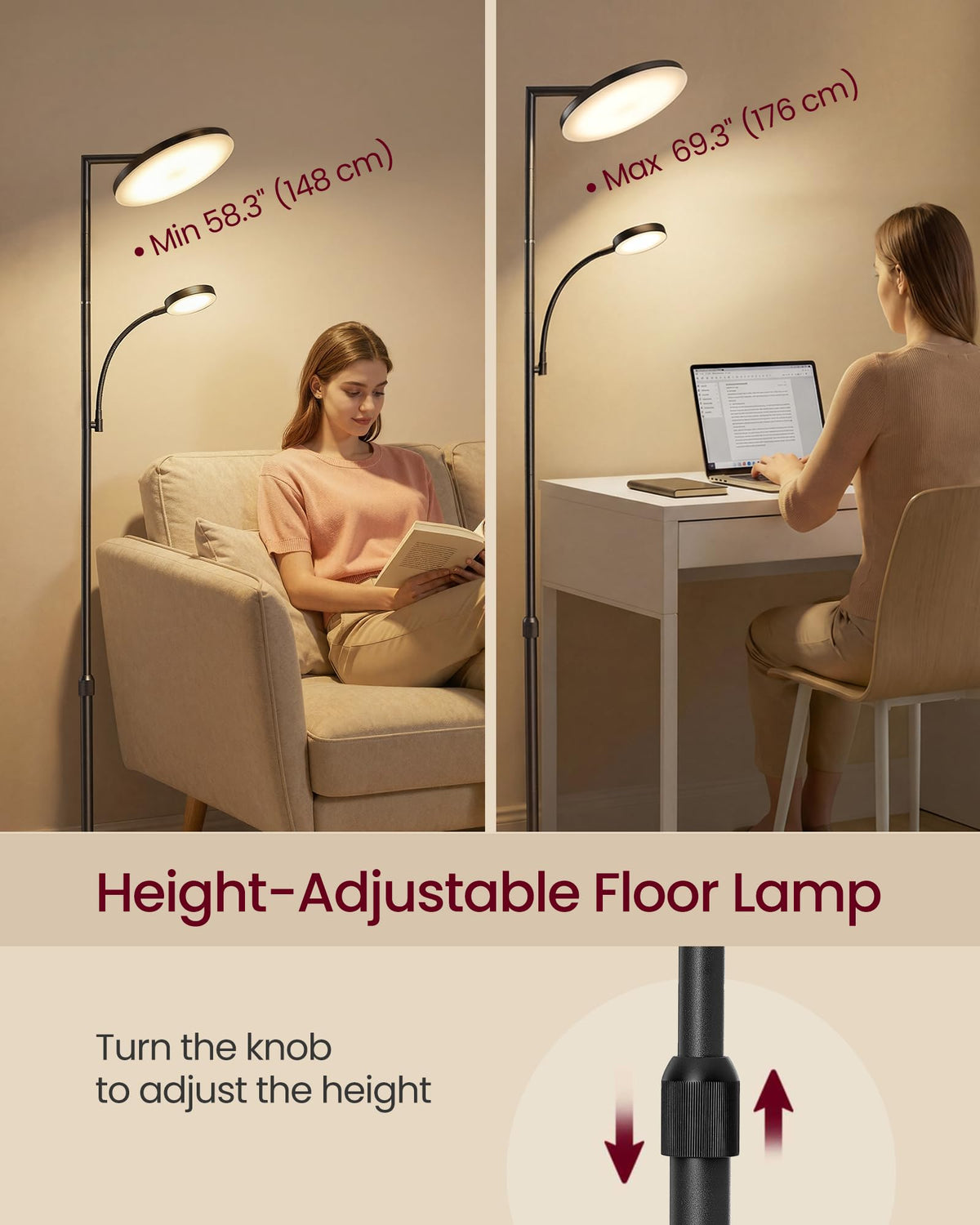 VASAGLE LUSIA LED Floor Lamp, Uplighter, Reading Light, 38.5x23.5x176cm
