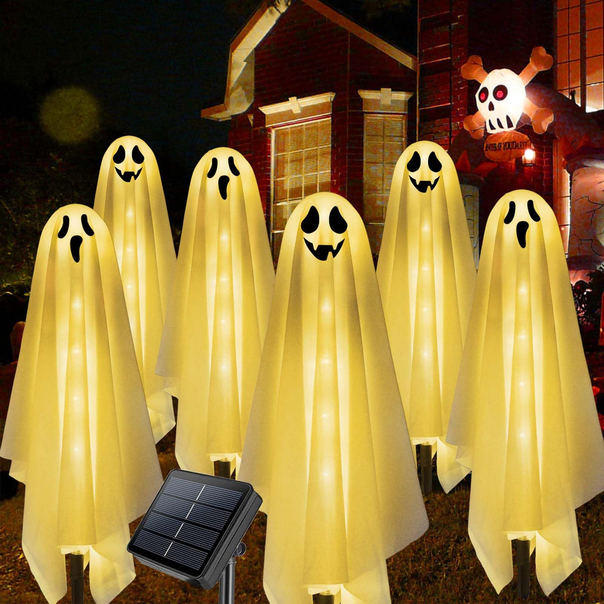 Set of 6 Solar Ghost Stake Lights, Halloween Decorations Outdoor, Scary Spooky Garden Patio Grave Lawn Porch Pathway Lights for Outside Yard Trick or Treat Halloween Party Decor Cool White