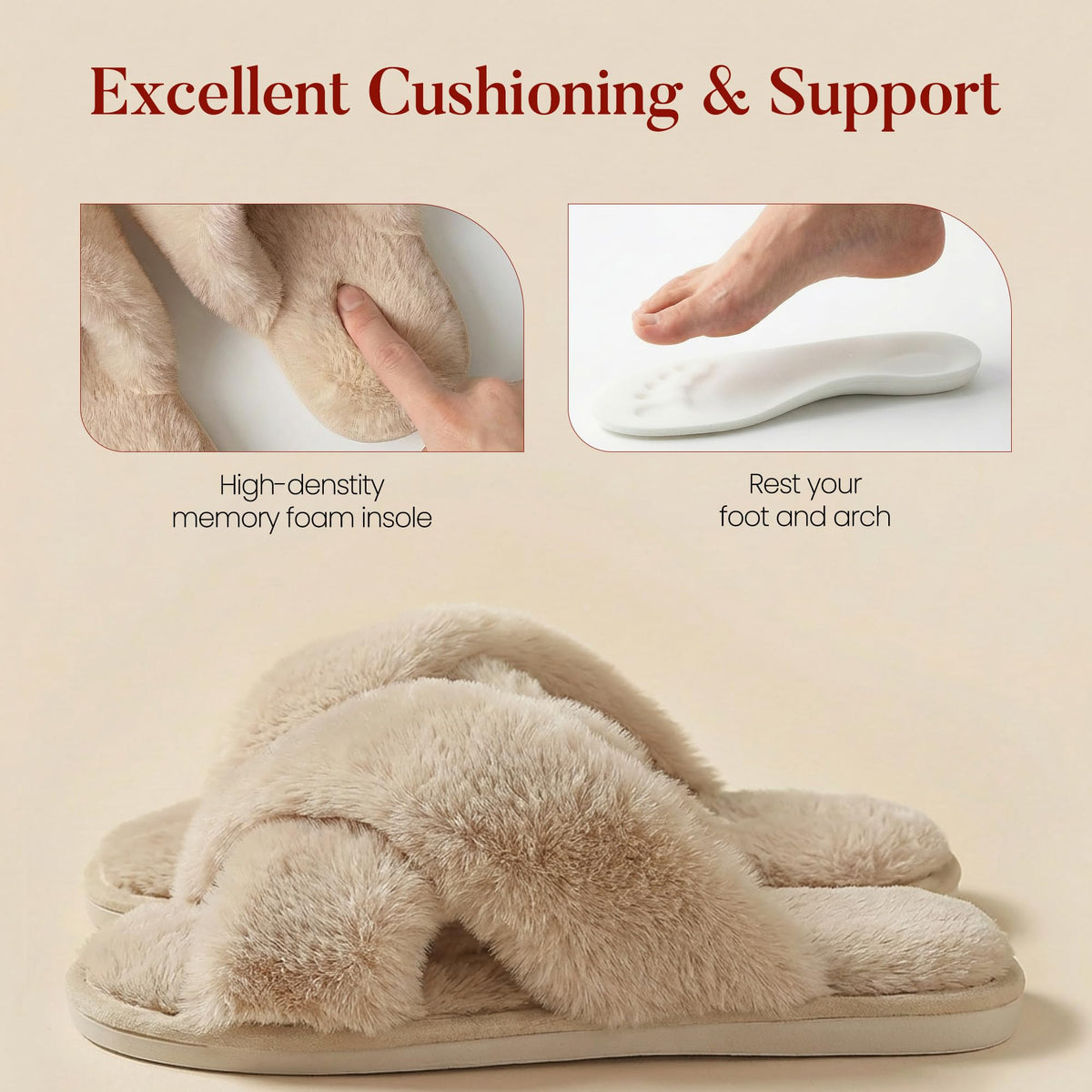 Ankis Women Slippers Fluffy Slippers Memory Foam, Cross Band Furry Open Toe Slippers Cozy Plush Home Shoes Indoor Outdoor Anti-Slide Slipper