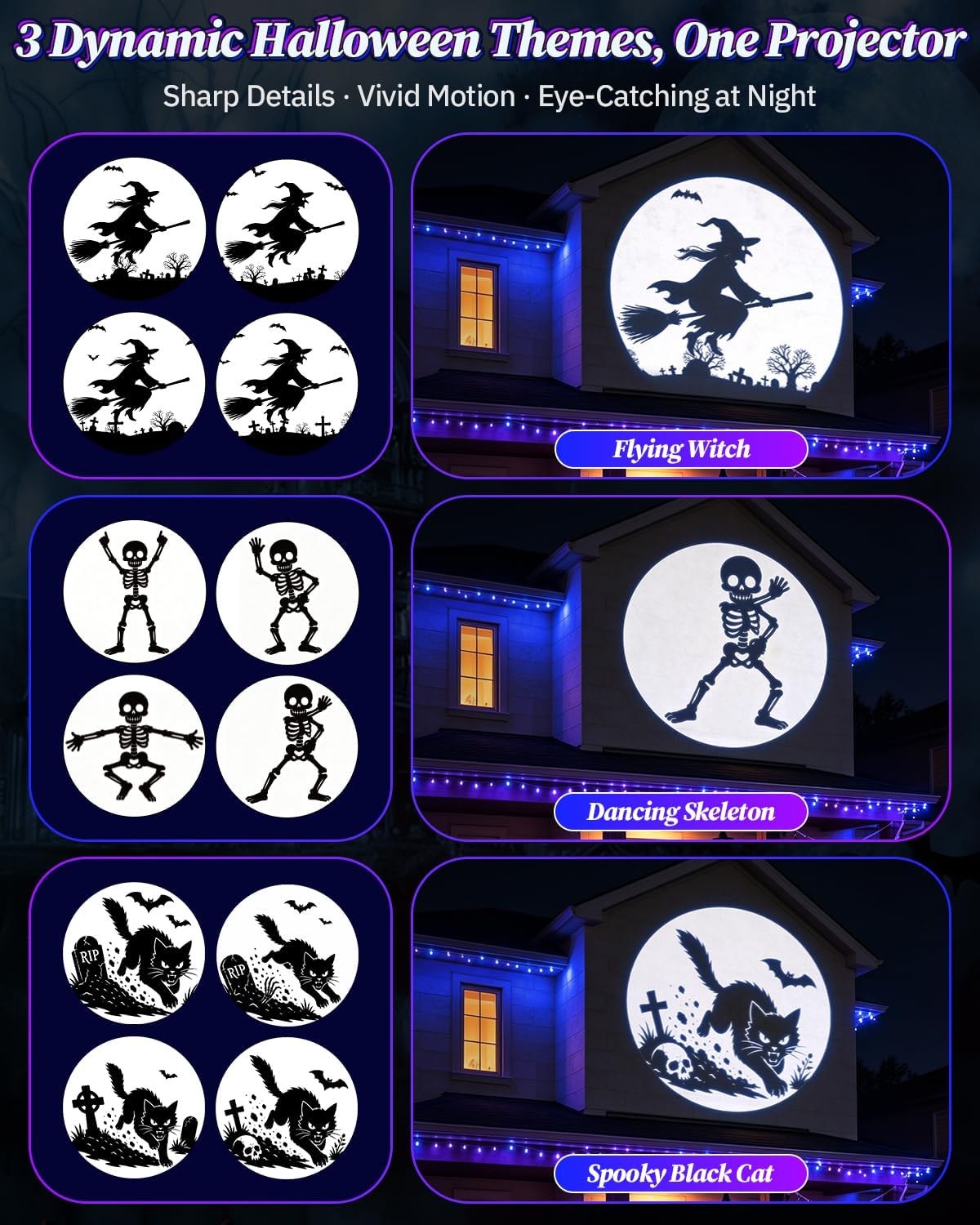 Halloween Projector Outdoor, Dynamic Halloween Decorations Lights with Motion Effects, Flying Witch Broomstick/Spooky Cat/Dance Skeleton, Movement Night Light for Window Yard Wall Garage Holiday Decor