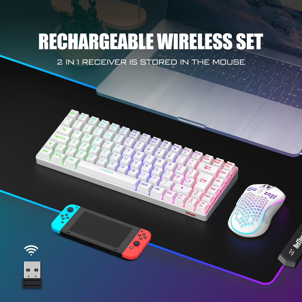 RedThunder K84 75% Wireless Gaming Keyboard and Mouse Rainbow Backlight UK Layout 85 Keys TKL Ultra Compact Mini Design Lightweight Honeycomb Gaming Mouse for PC Mac PS5 Xbox Office Gamers