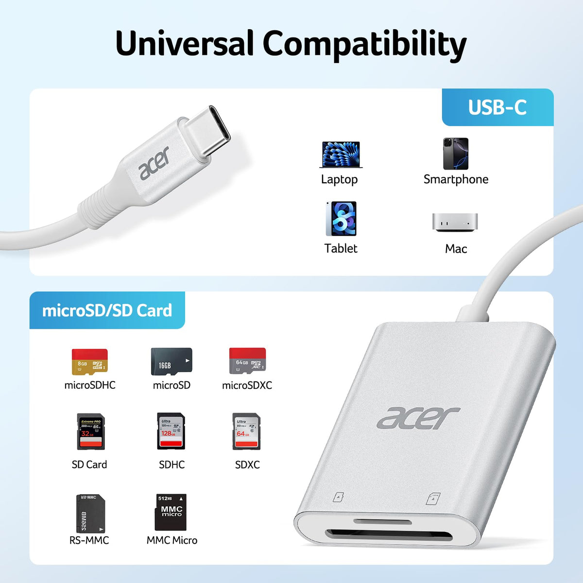 acer USB-C SD Card Reader 170MB/s, Type-C Micro SD Card Adapter Aluminium