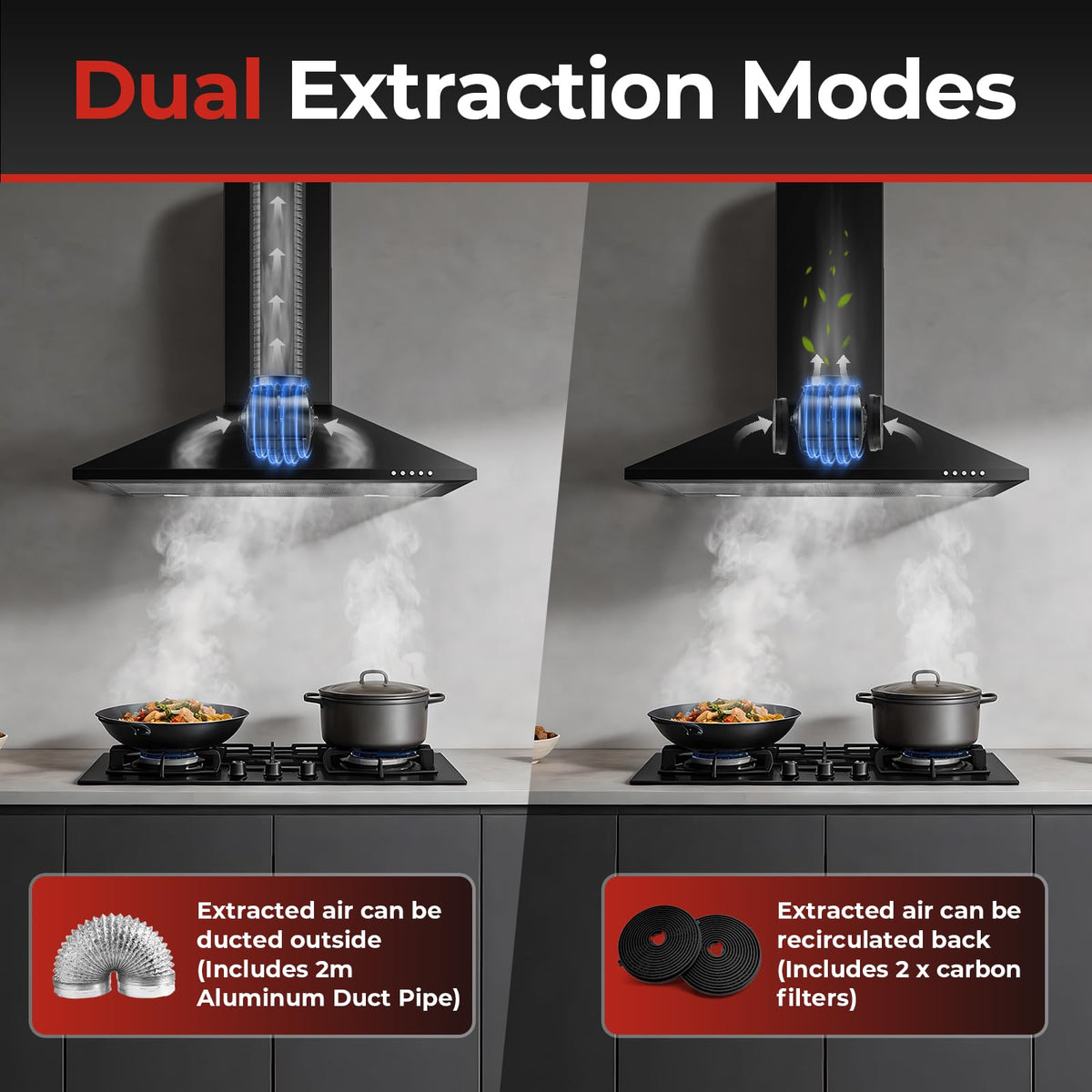 SNDOAS Chimney Cooker Hood 90cm, 3-Speed, Recirculating & Ducting