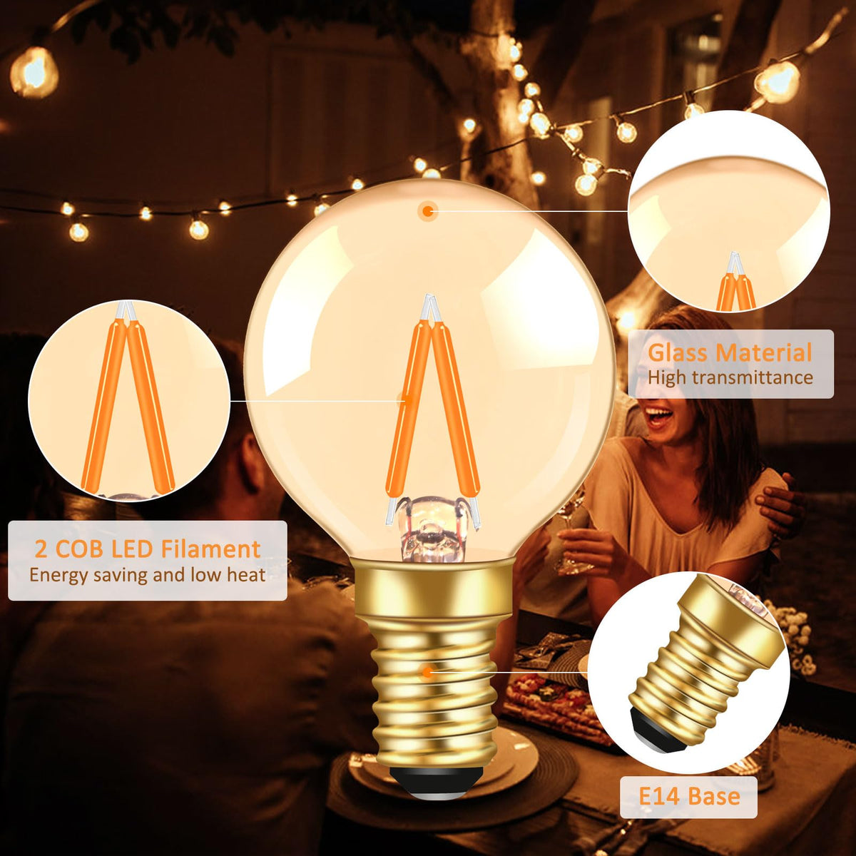 Caldarax 0.5W E14 LED Vintage Night Light Bulb, Mini C7 LED Filament Candle Bulbs Amber Warm White 2200K E14 Orange SES Small Edison Screw Salt Lamp Bulbs, 5W Equivalent, Non Dimmable, 2 Pack