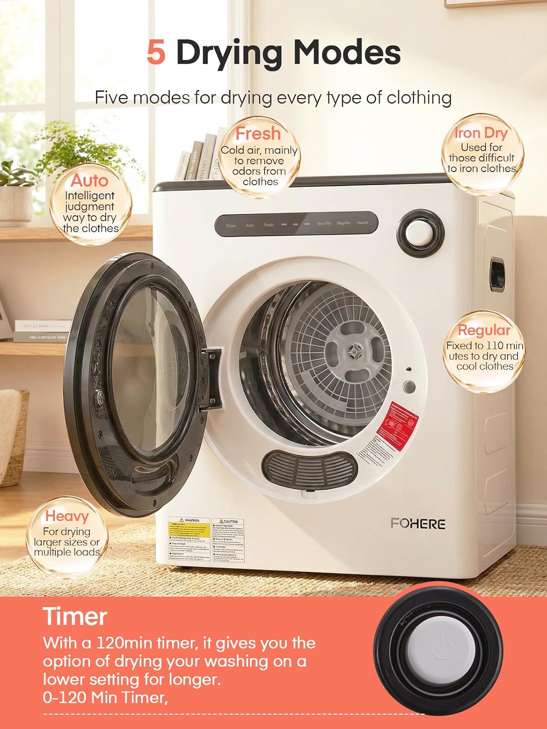 4KG Vented Tumble Dryer, 1200W Compact Smart Dryer, 6 Drying Modes, Double Temperature Control Protection, with Child Lock and Timer, with Child Lock, Crease Guard, for Apt, Home, Dorm, RVs, White