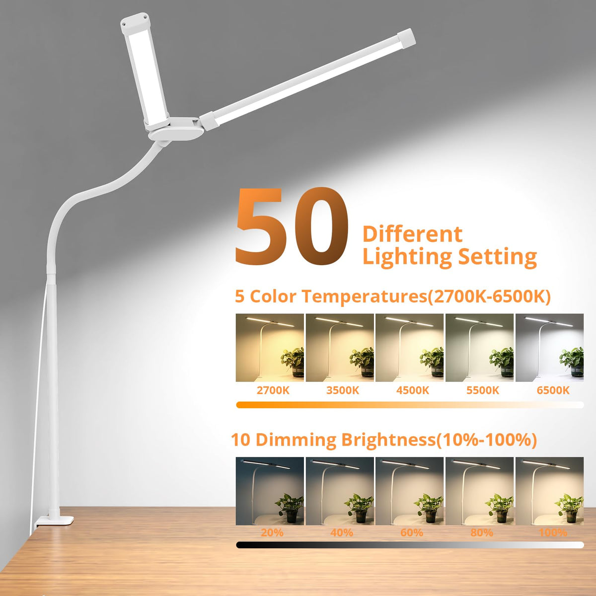 Woputne Dual Head Led Desk Lamp with Clamp for Home Office Study, 24W,Black