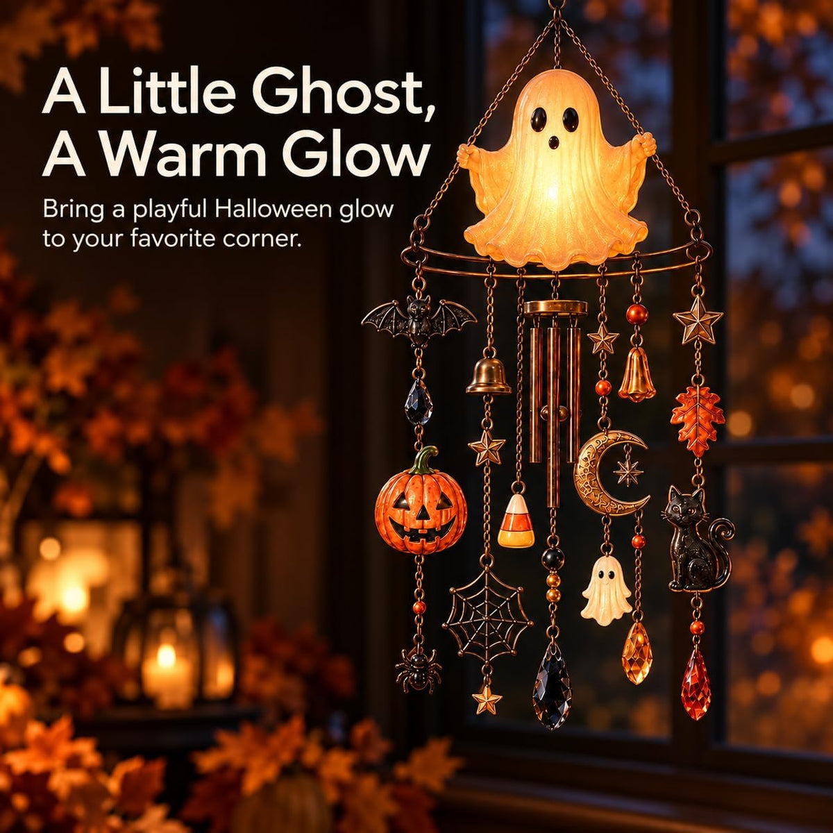 Halloween Ghost Wind Chime, Light Up Hanging Decoration with Pumpkin, Black Cat, Bat and Moon Charms, Warm Glow Halloween Decor for Window and Entryway