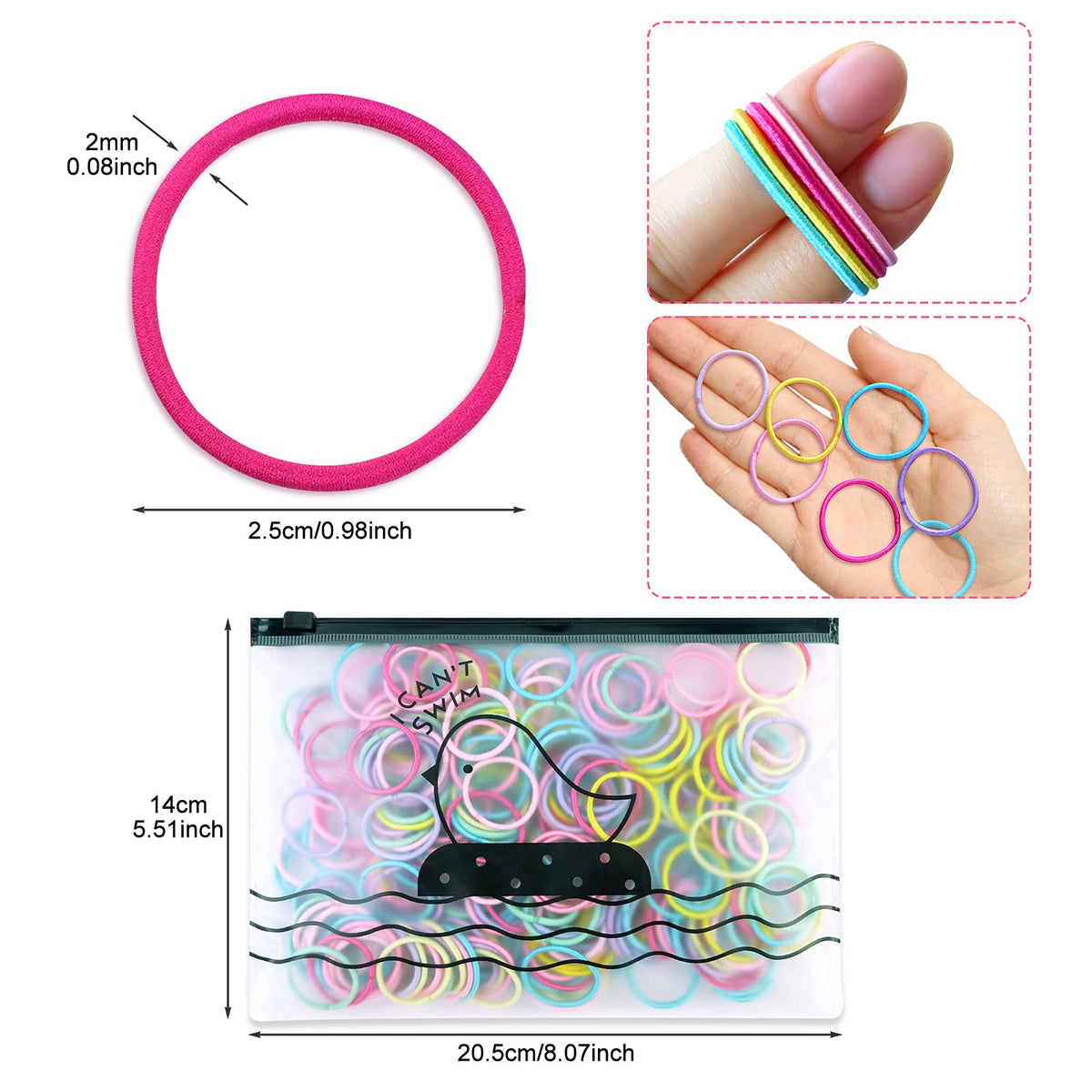 Hanyousheng 200 Pieces Hair Ties,Elastic Hairbands Ponytail Holders Hair Tie, Multicolor 2mm Hair Bands No Crease Hair Elastics Small Ponytail Holders Hair Accessories for Kids Girls Infants Toddlers